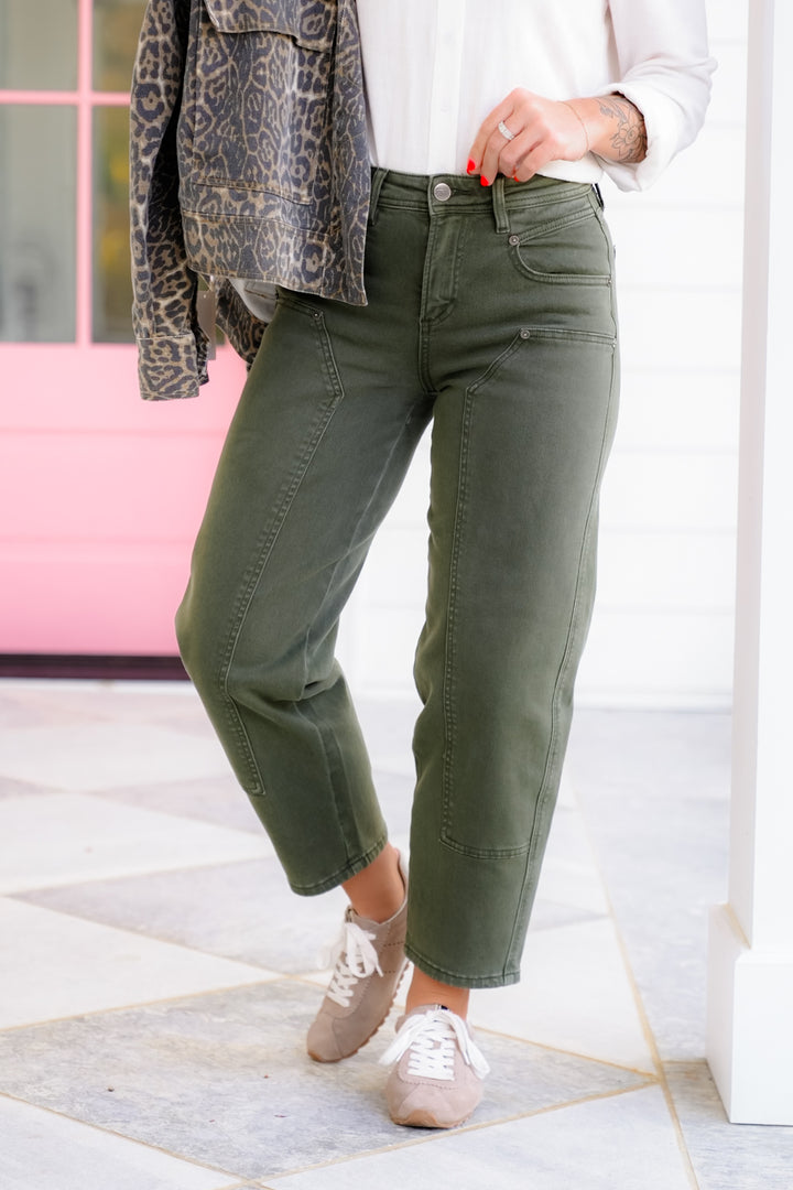 Mica High Rise Green Ankle Straight Leg Barrel Jeans