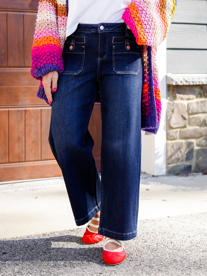 Risen High Rise Dark Wash Slouchy Barrel Jeans with Patch Pockets