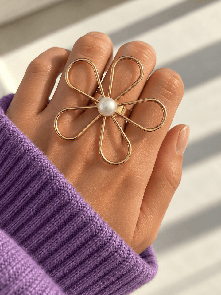 Gold Flower Ring with Pearl Accent - Freckled Poppy