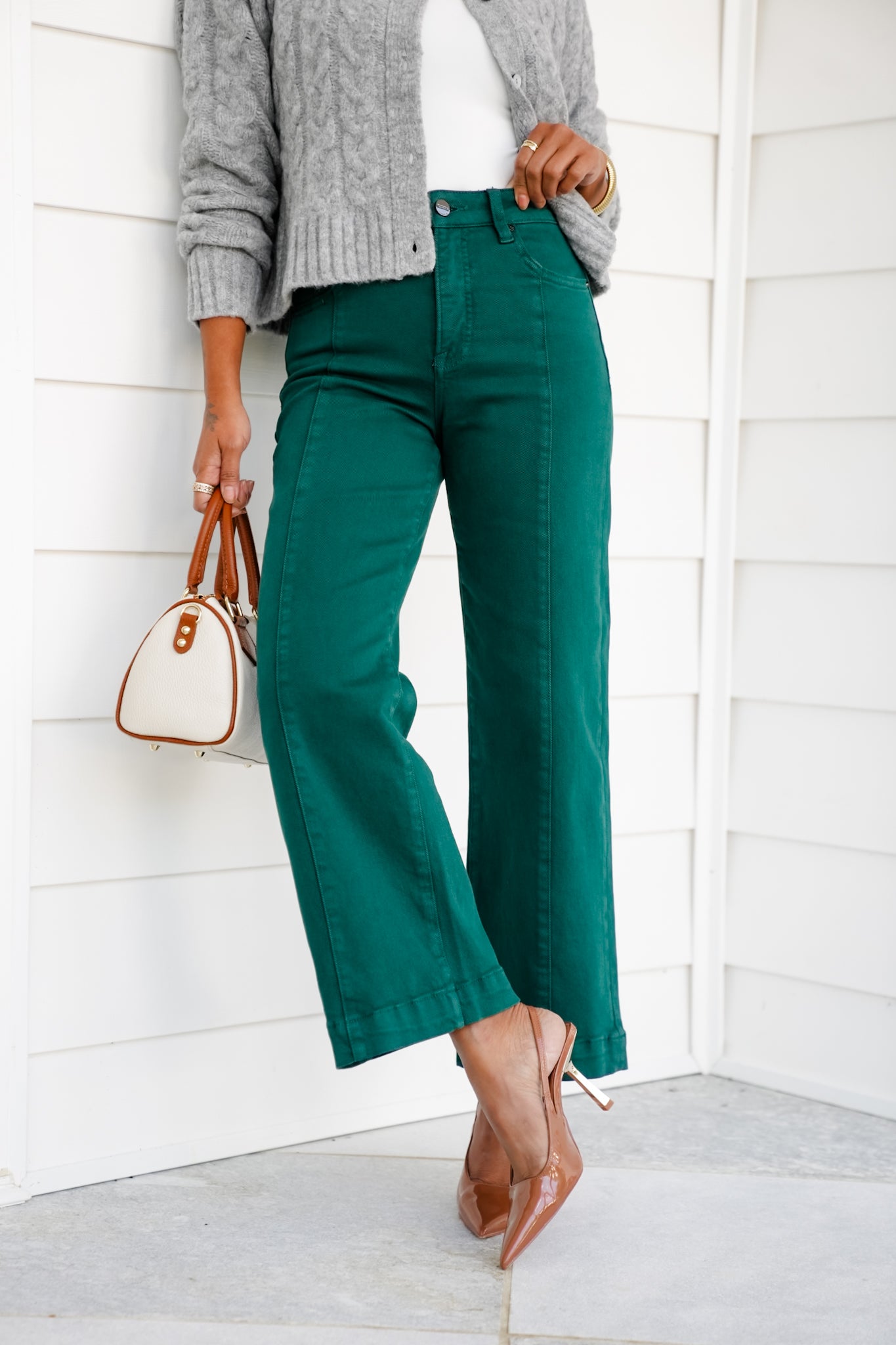 Risen High Rise Green Cropped Wide Leg Jeans