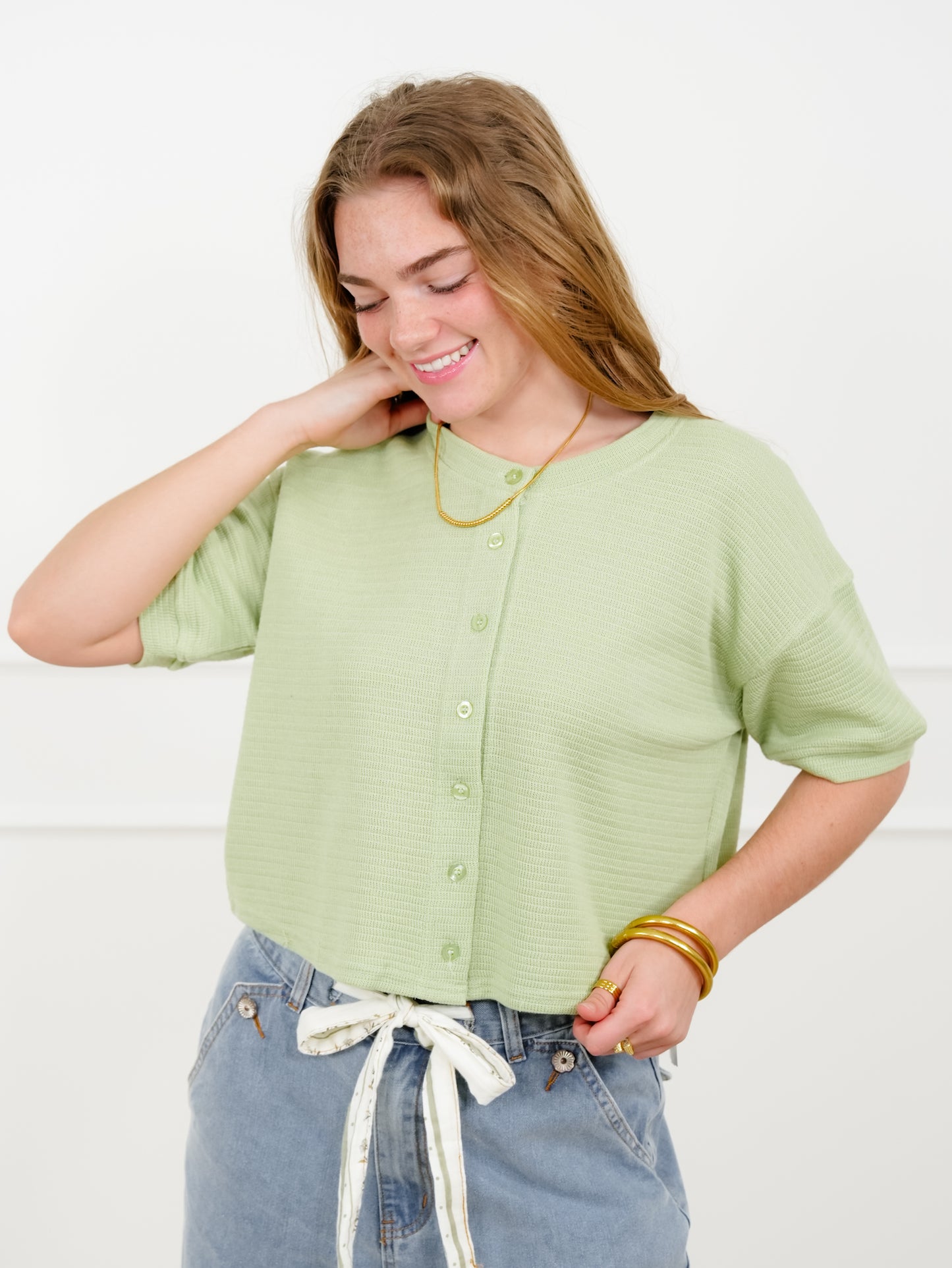 Textured Knit Short Sleeve Button Down Cardigan