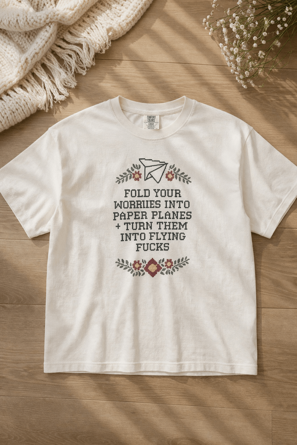 Plus/Reg Short Sleeve "Fold Your Worries..." Graphic Tee - Freckled Poppy