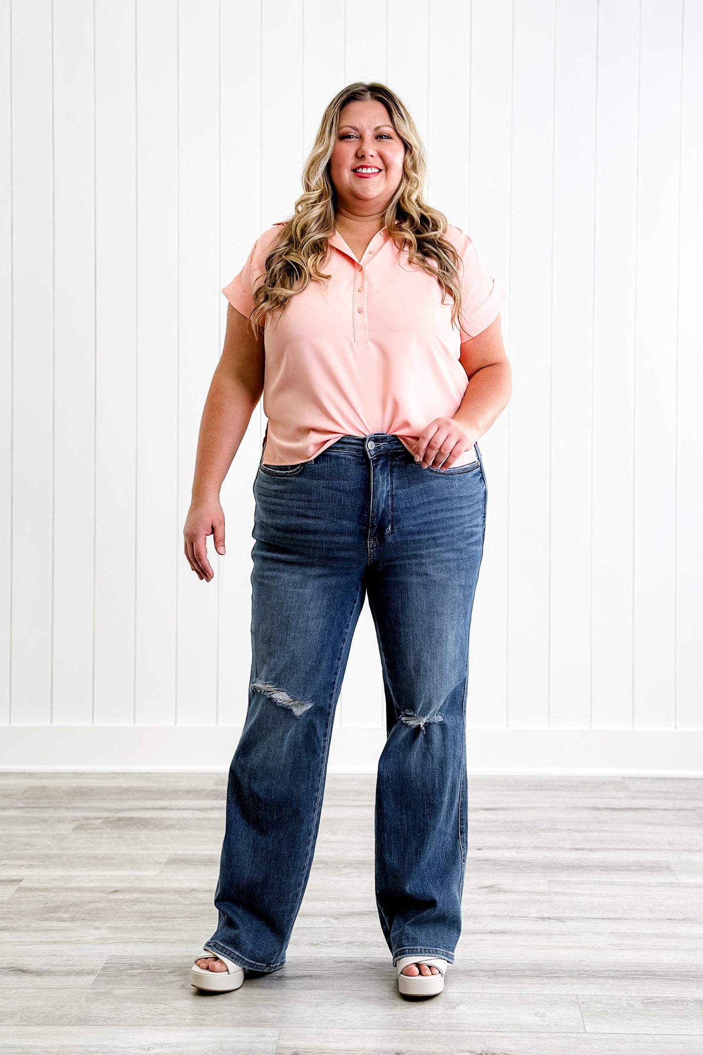 Judy Blue Teen Spirit High Rise Medium Wash Tummy Control Destroyed Knee Straight Leg Jeans