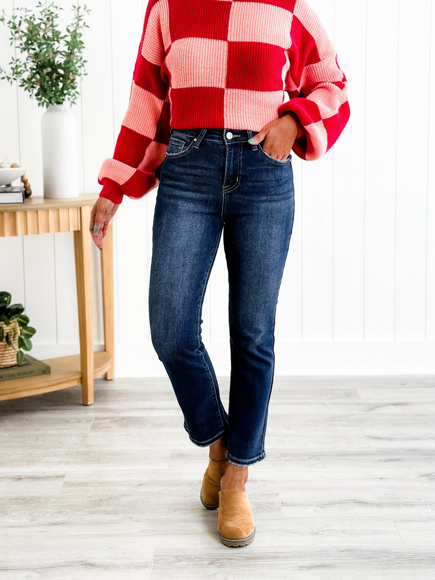 Risen Dark Wash High Rise Cropped Straight Leg Jeans