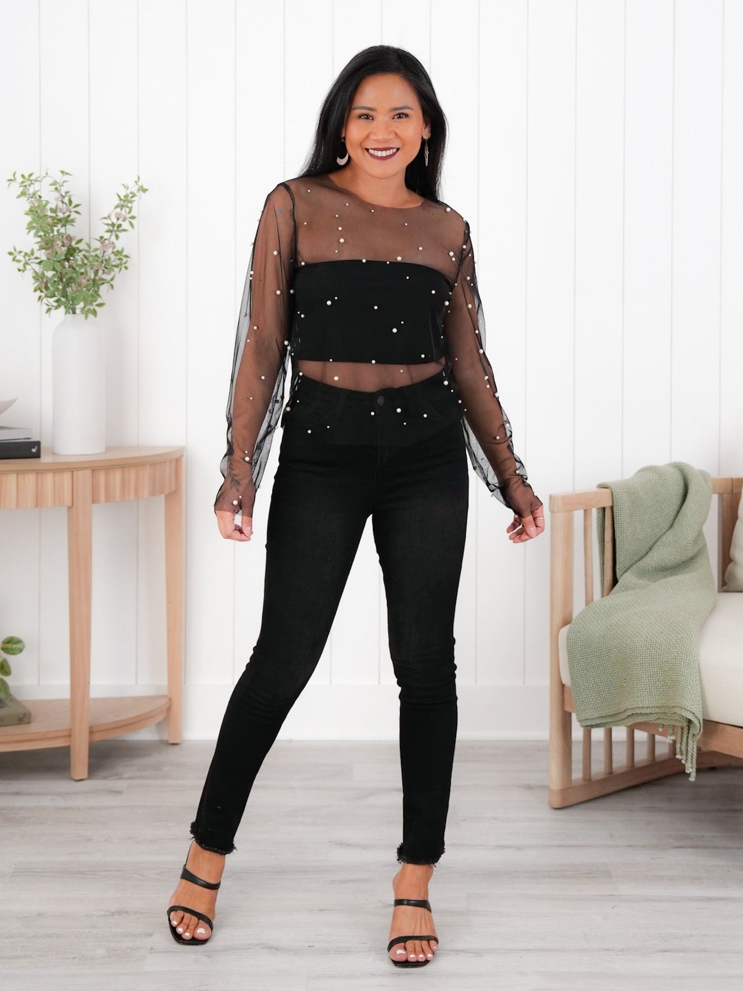 Plus/Reg Mesh Long Sleeve Top with Pearl Detail (Multiple Colors)