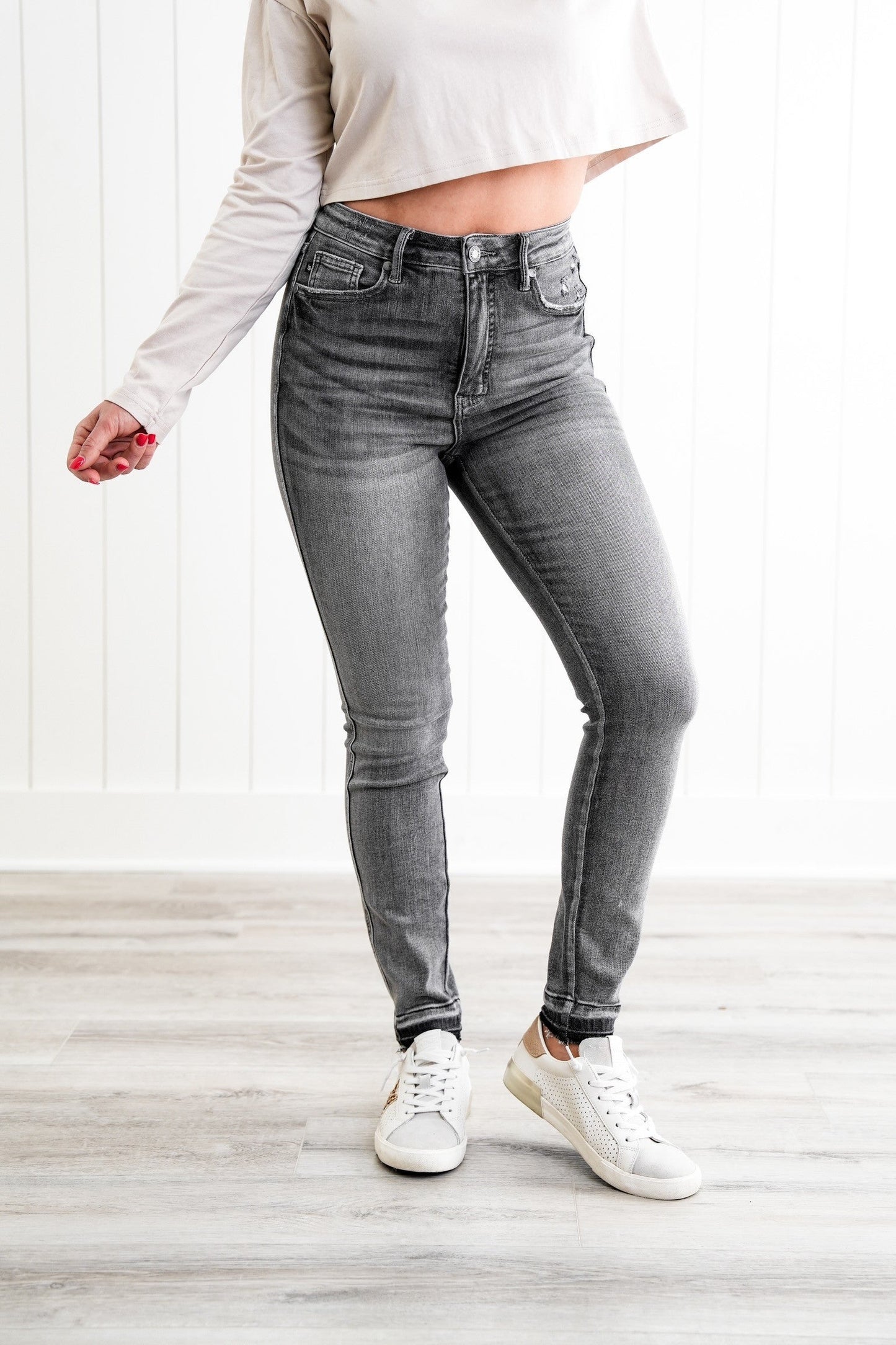 Judy Blue 50 Shades of Grey High Rise Grey Wash Tummy Control Skinny Jeans With Release Hem