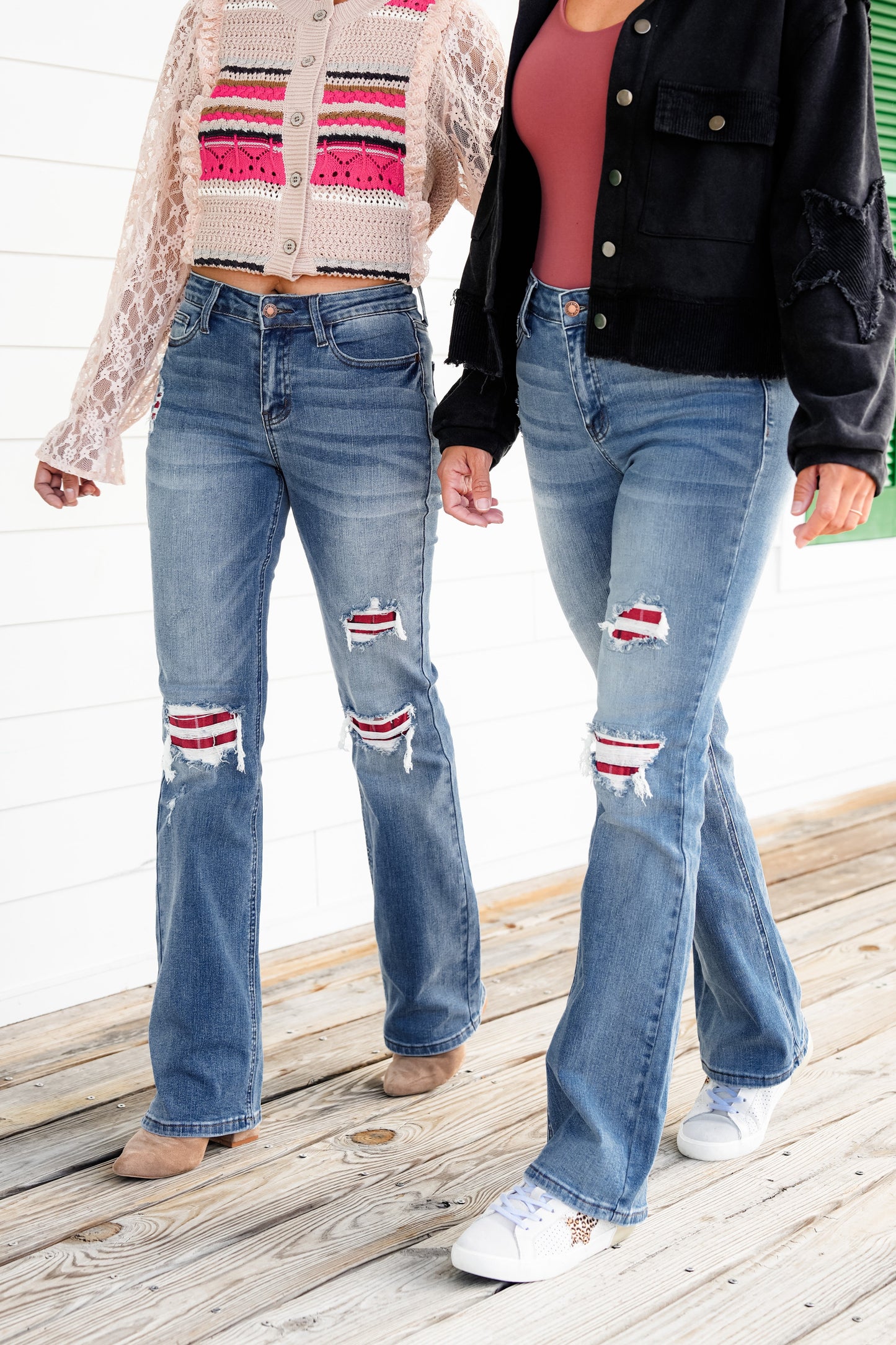 Judy Blue Plaid for You Mid Rise Medium Wash Bootcut Jeans With Patch Detail