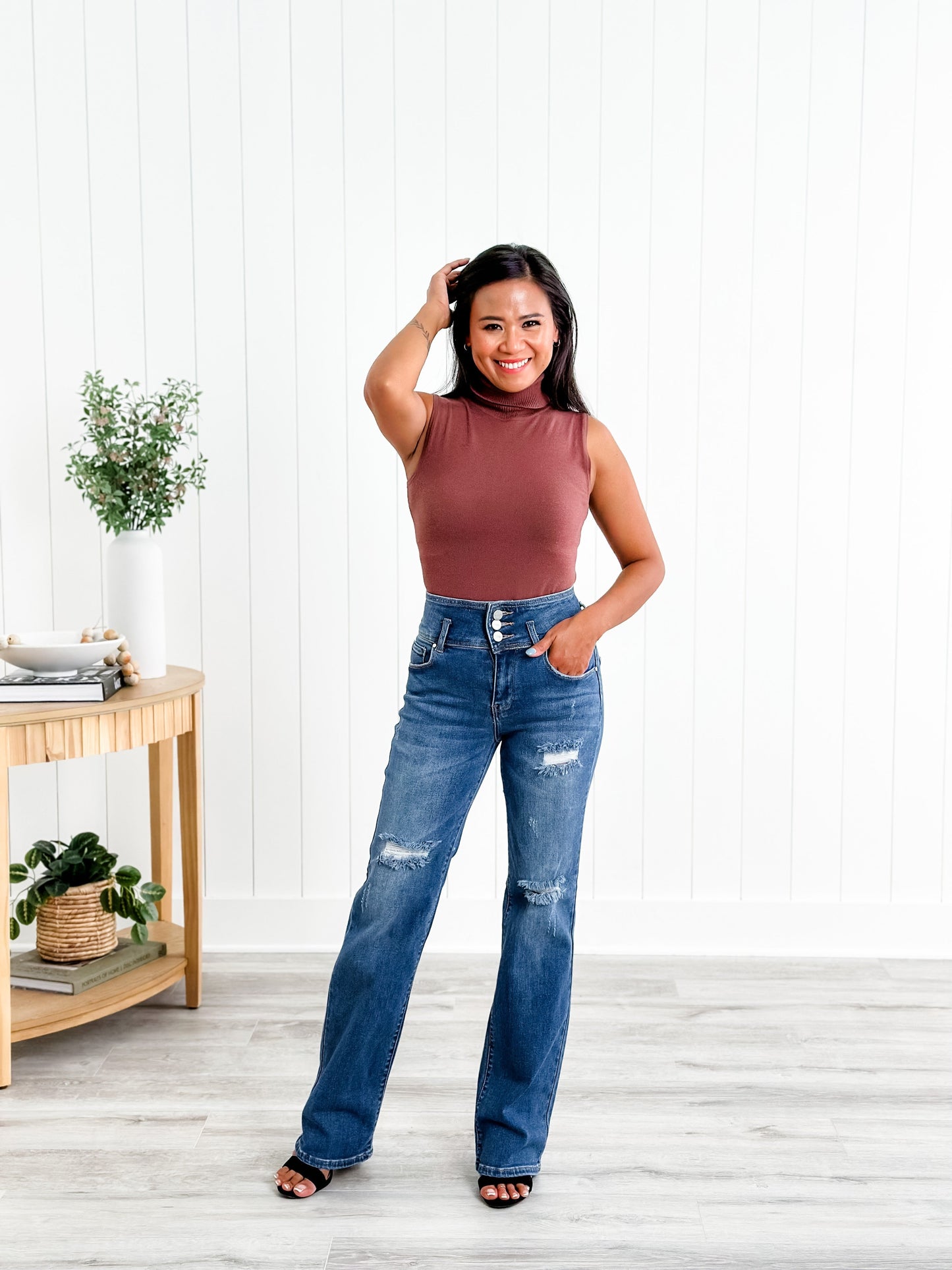 Risen Triple the Love High Rise Dark Wash Triple Button Fly Straight Leg Jeans