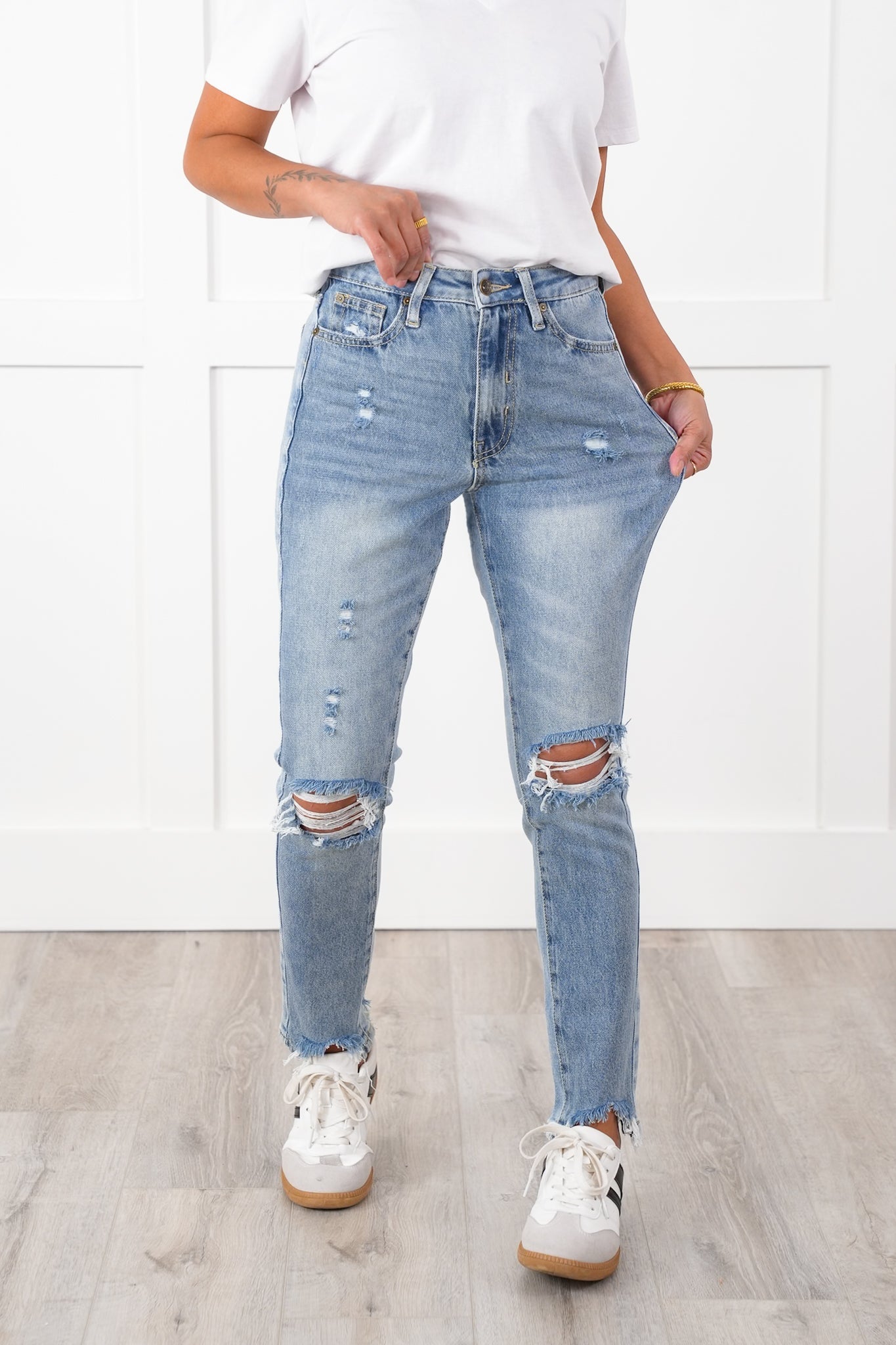 Special A High Rise Light Wash Distressed Relaxed Straight Leg Jeans