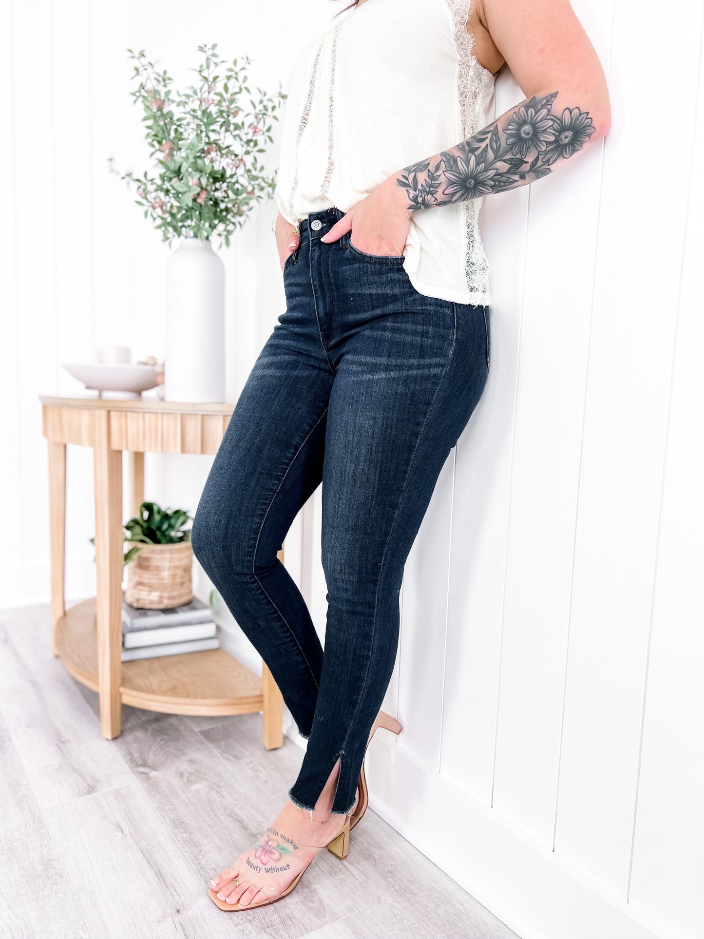 Judy Blue Dark Wash High Rise Side Slit Raw Hem Skinny Jeans