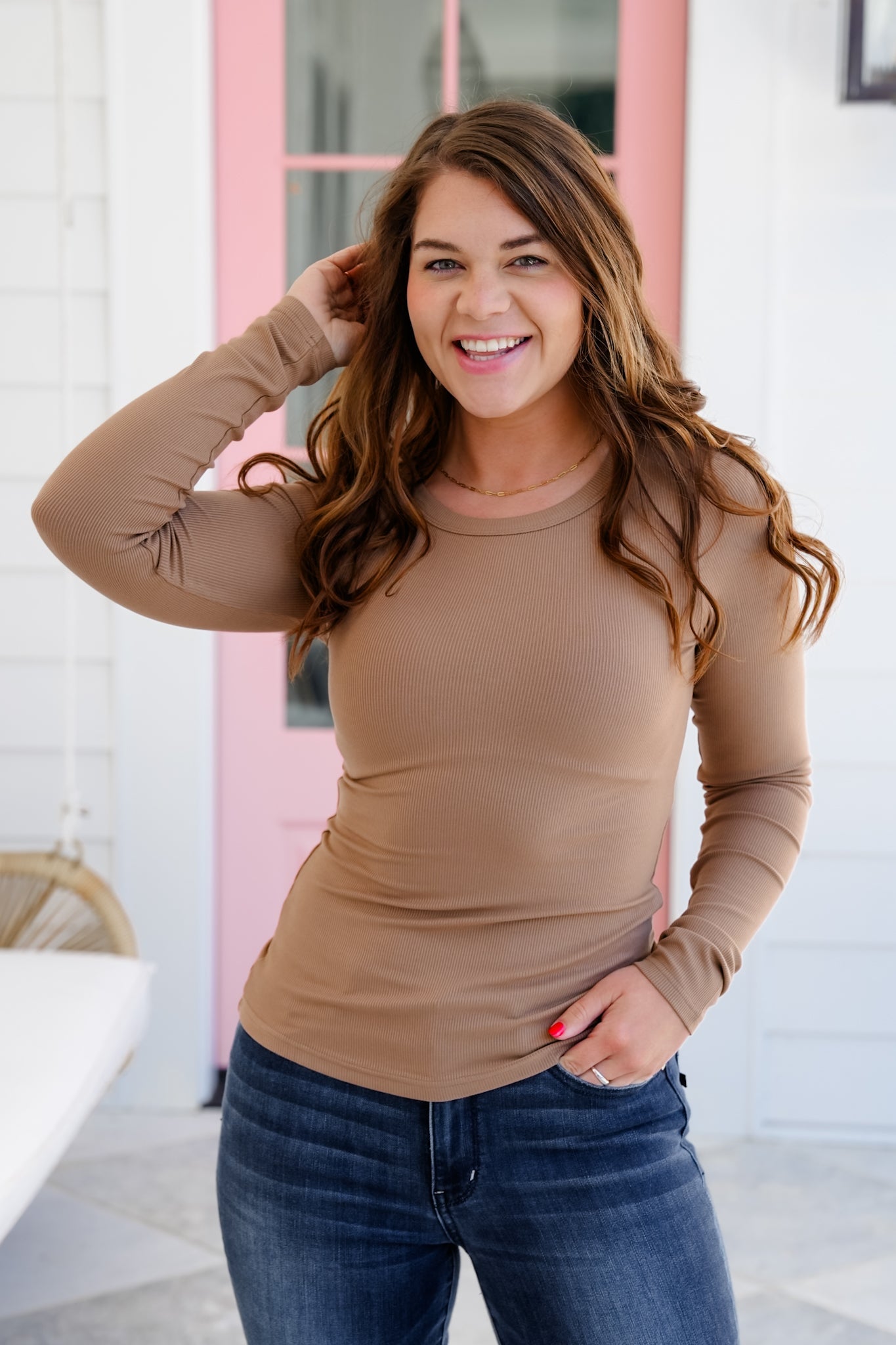 Solid Long Sleeve Round Neck Ribbed Knit Top