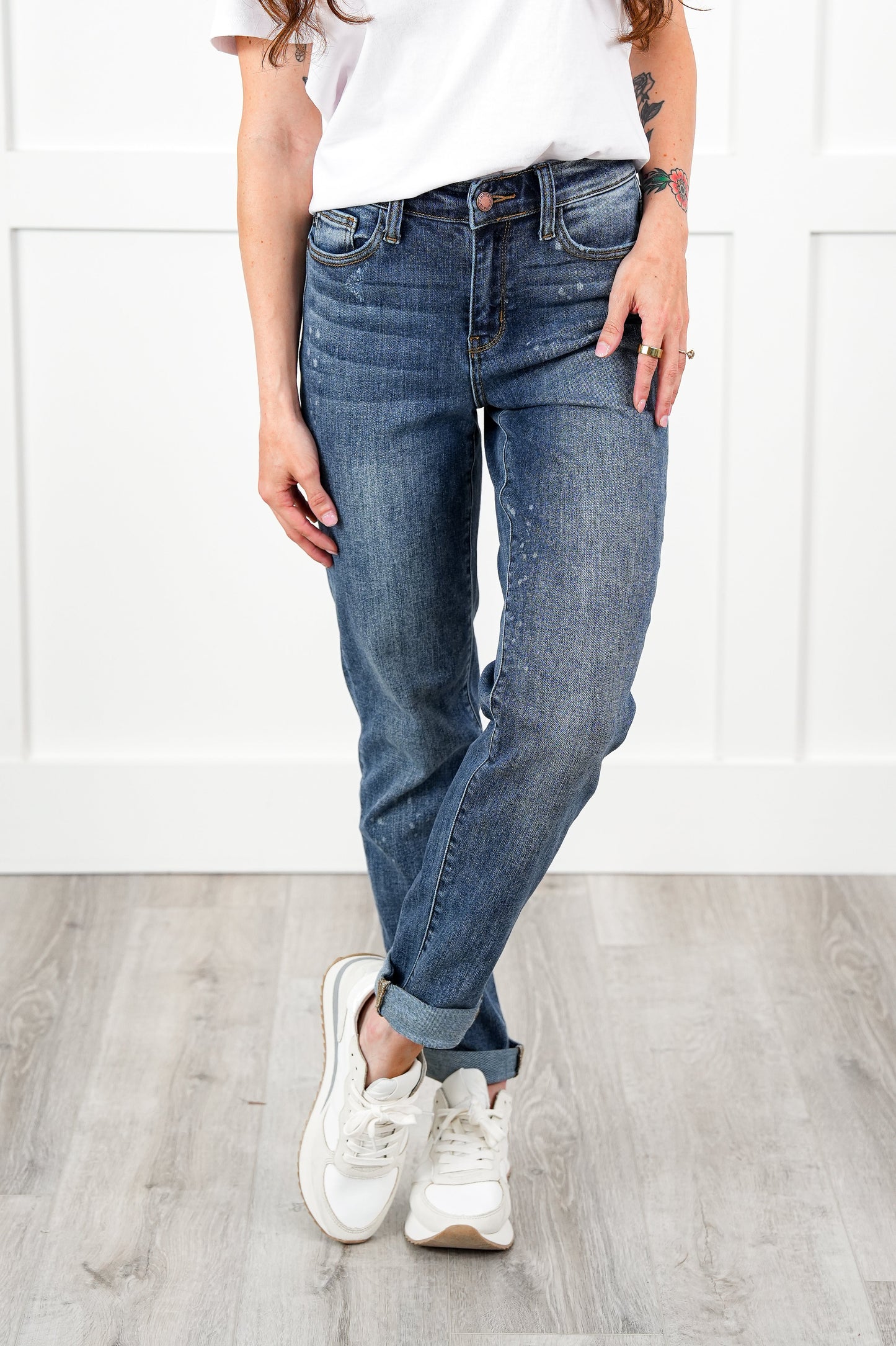 Judy Blue Bethany Bleach Dark Wash High Rise Bleach Splash Boyfriends