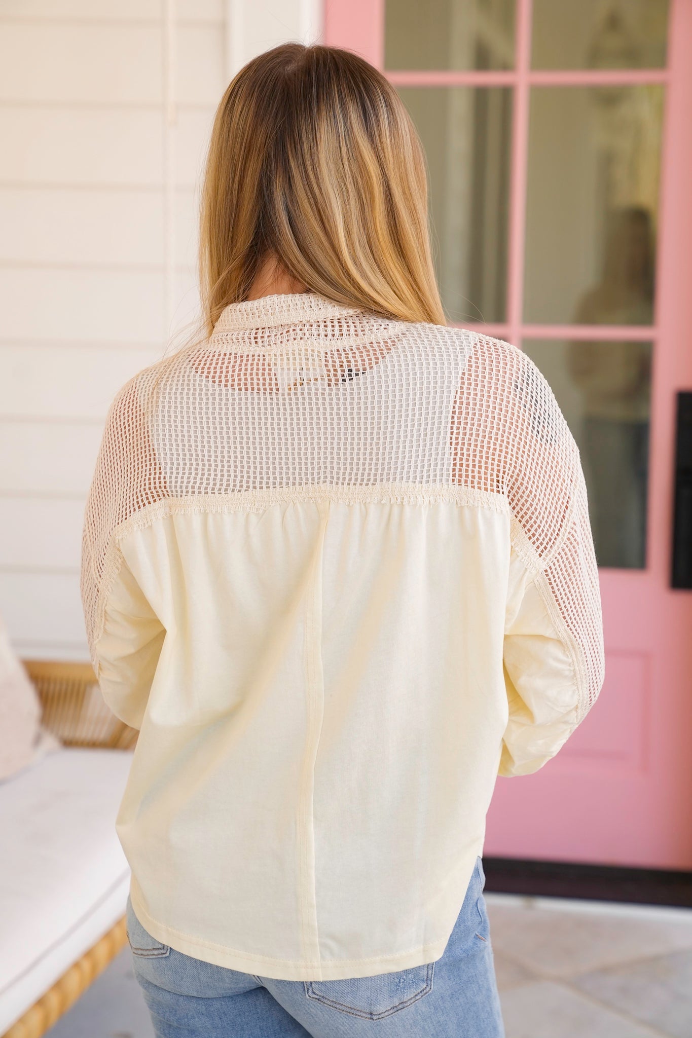 Long Sleeve Henley Top with Mesh Detail
