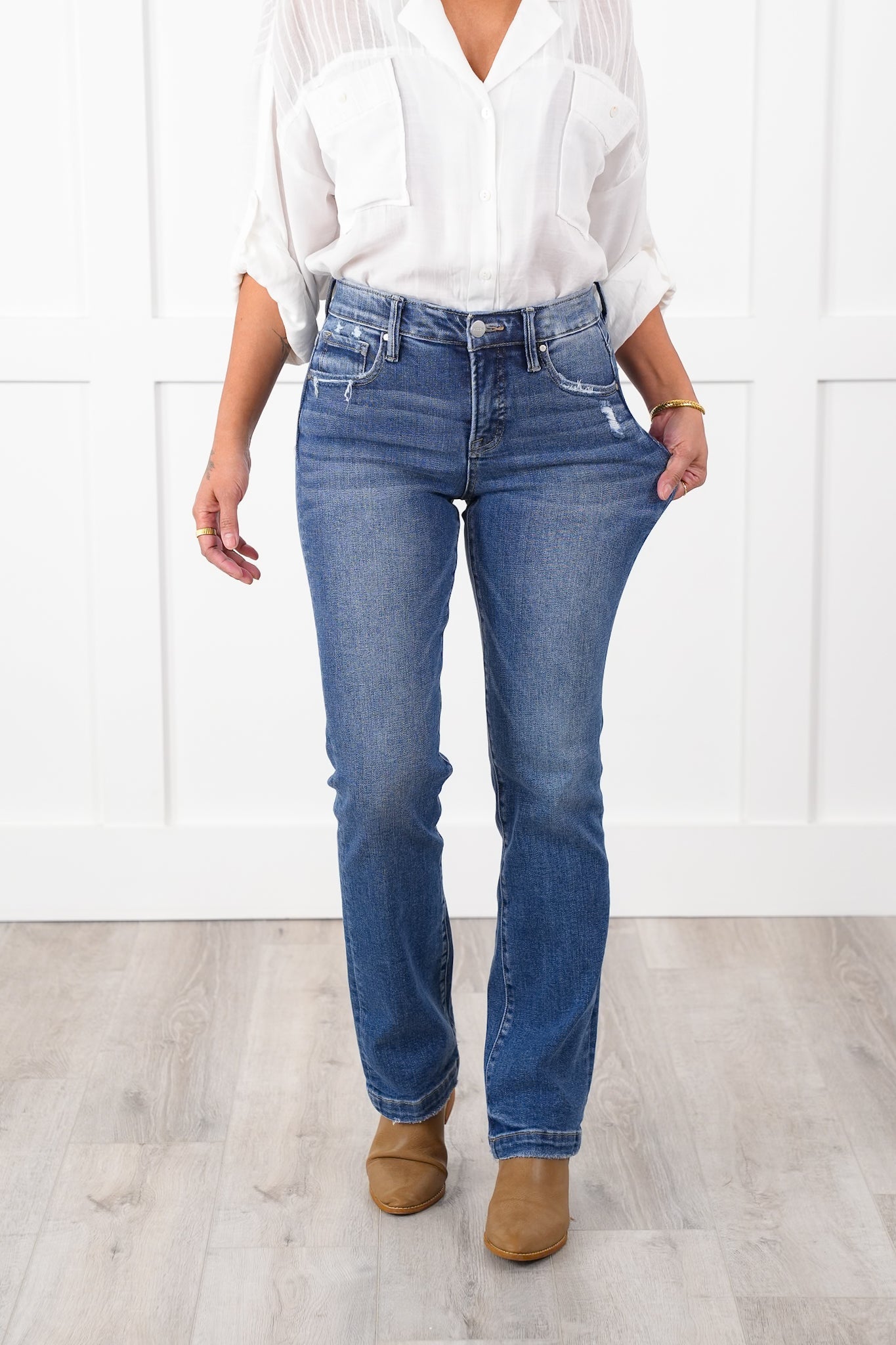 Risen Mid Rise Medium Wash Tummy Control Elastic Waistband Straight Leg Jeans