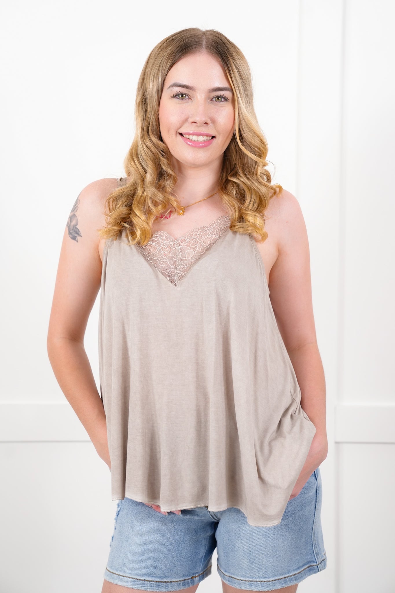 POL Sleeveless V Neck Tank Top with Lace Detail