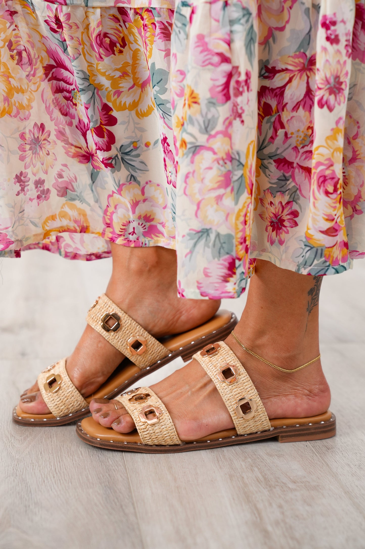 Corky's "Low Tide" Raffia Strap Sandal with Gold Accents