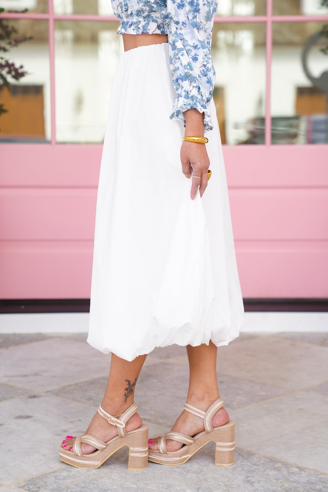 Solid White High Elastic Waist Midi Bubble Skirt