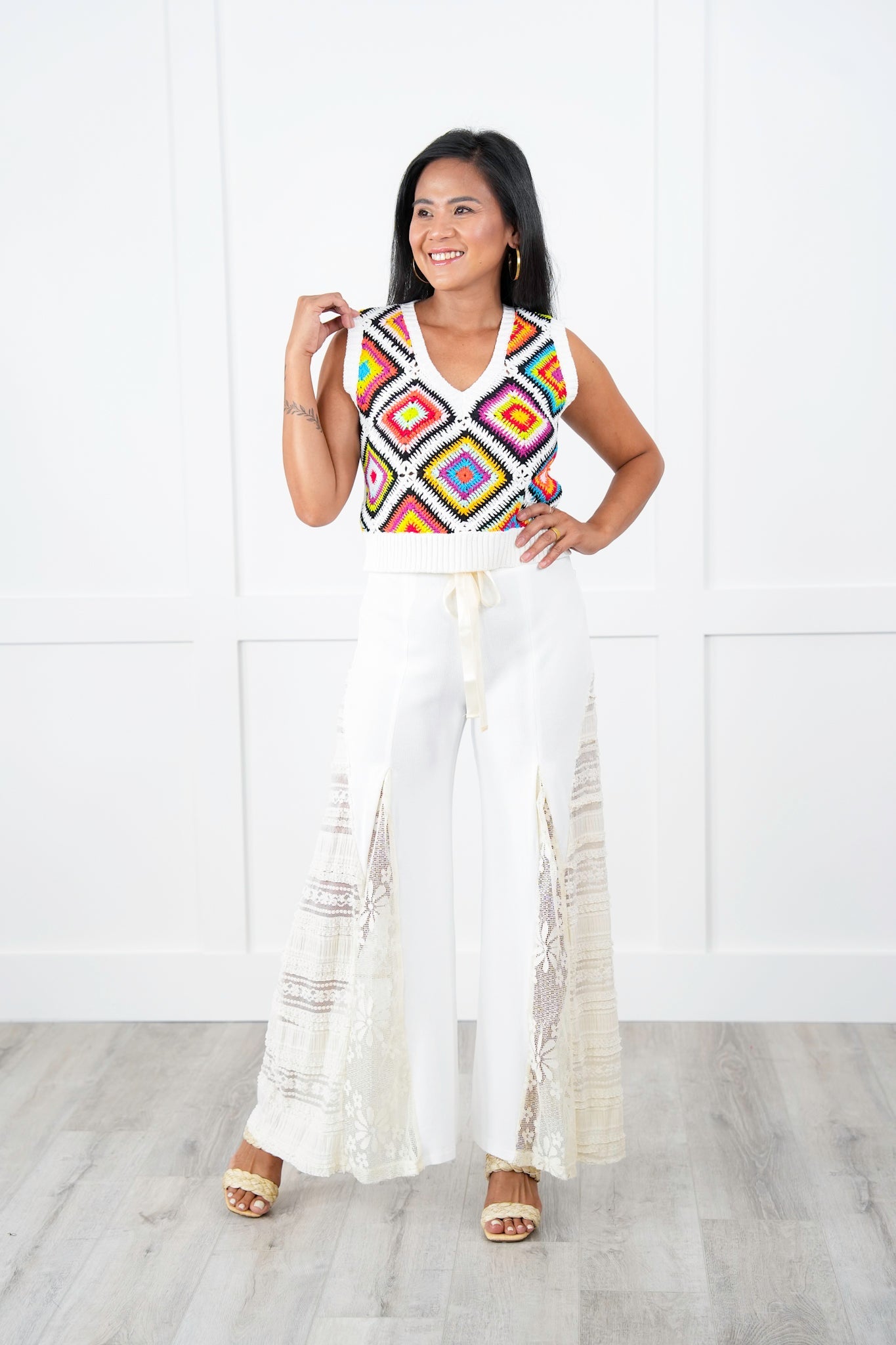Granny Square Sleeveless V Neck Sweater Vest