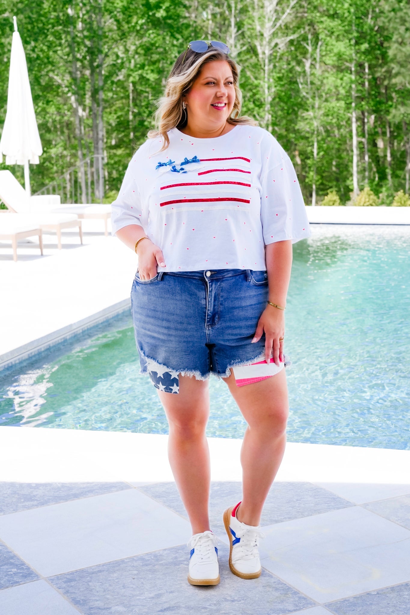 Short Sleeve Ribbon American Flag Top with Bow Detail