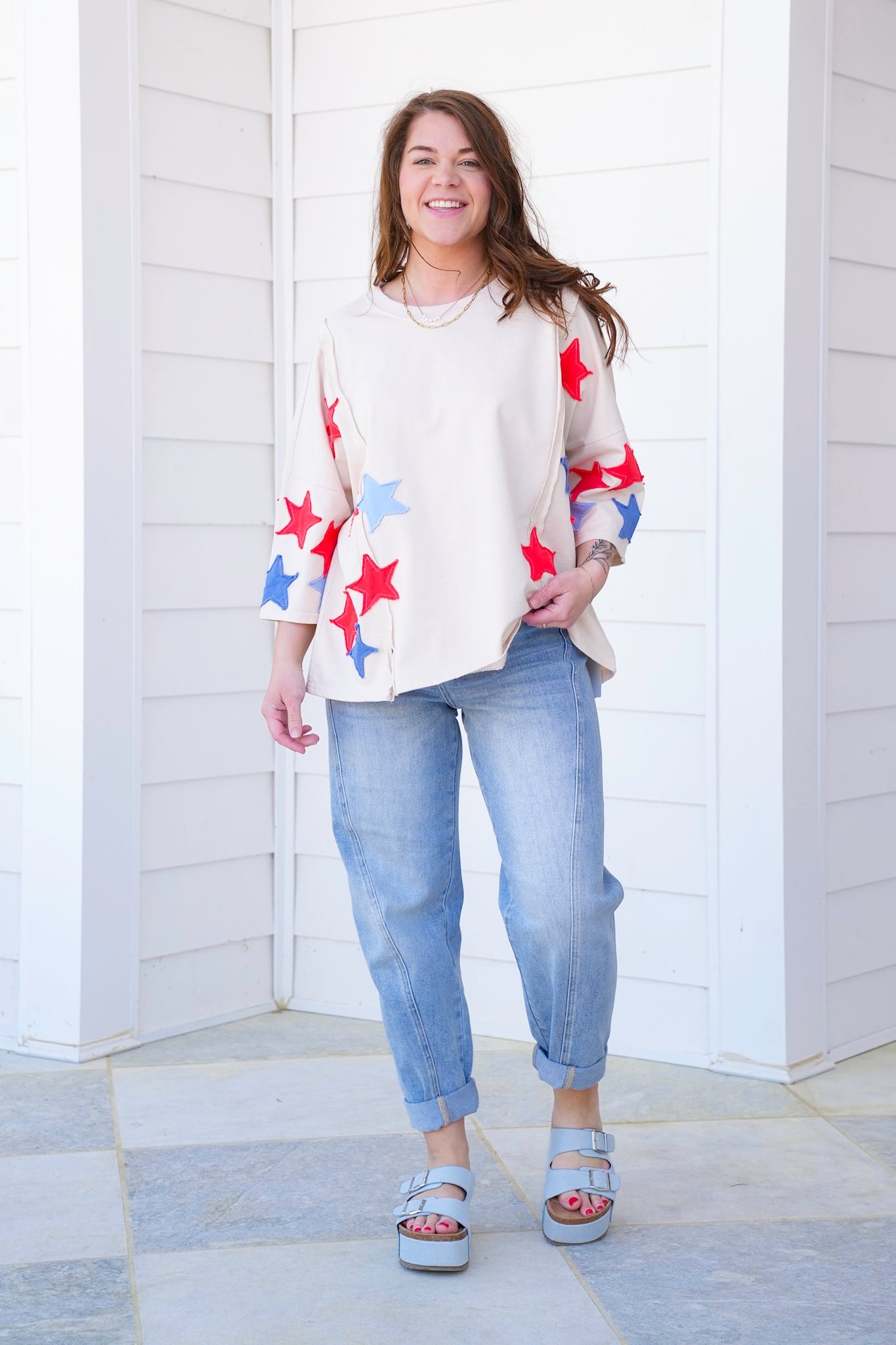Restock! Plus/Reg Knit 3/4 Sleeve Pullover Top with Star Patch Detail