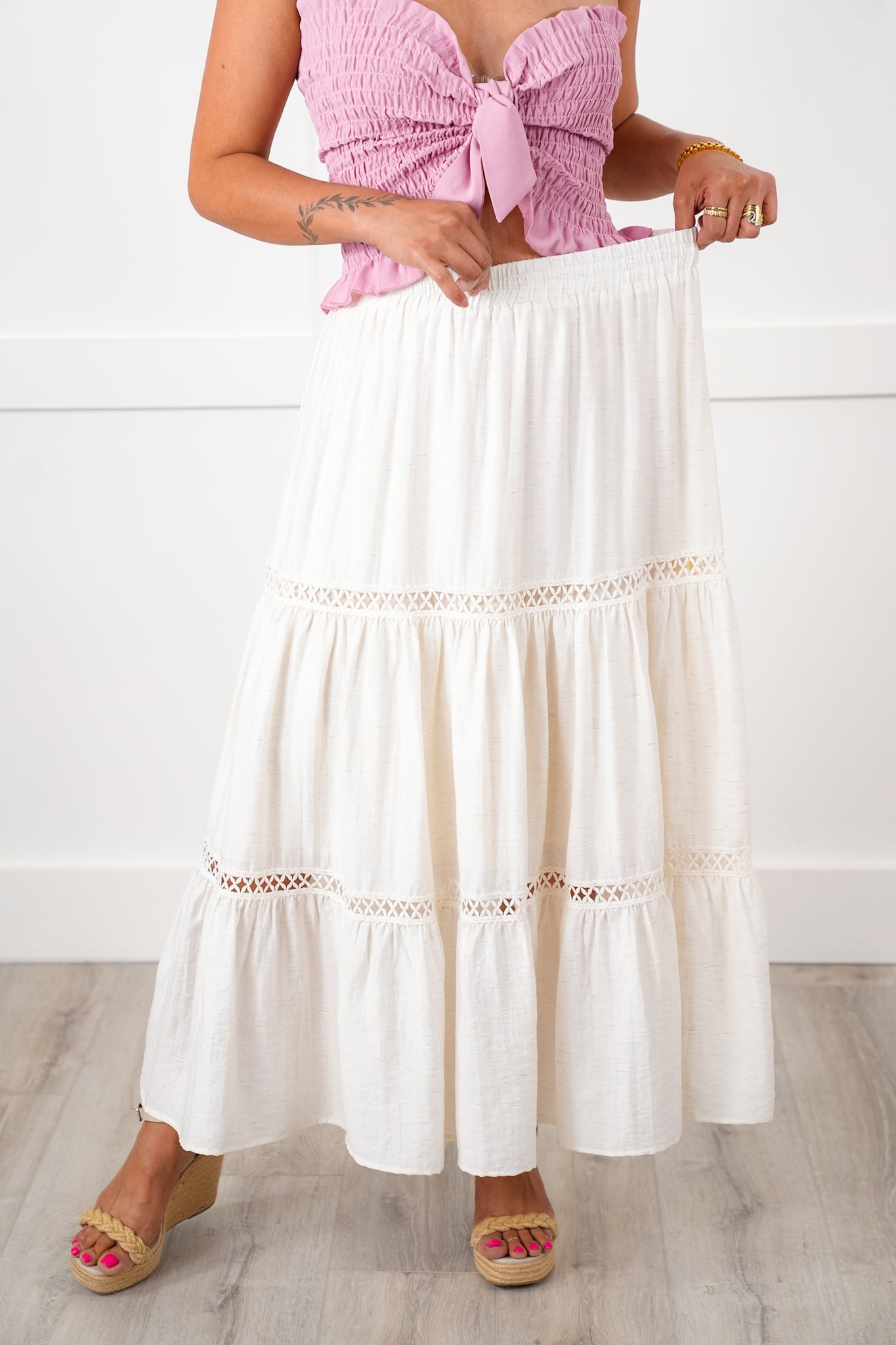 Linen Blend Elastic Waist Midi Skirt with Crochet Detail