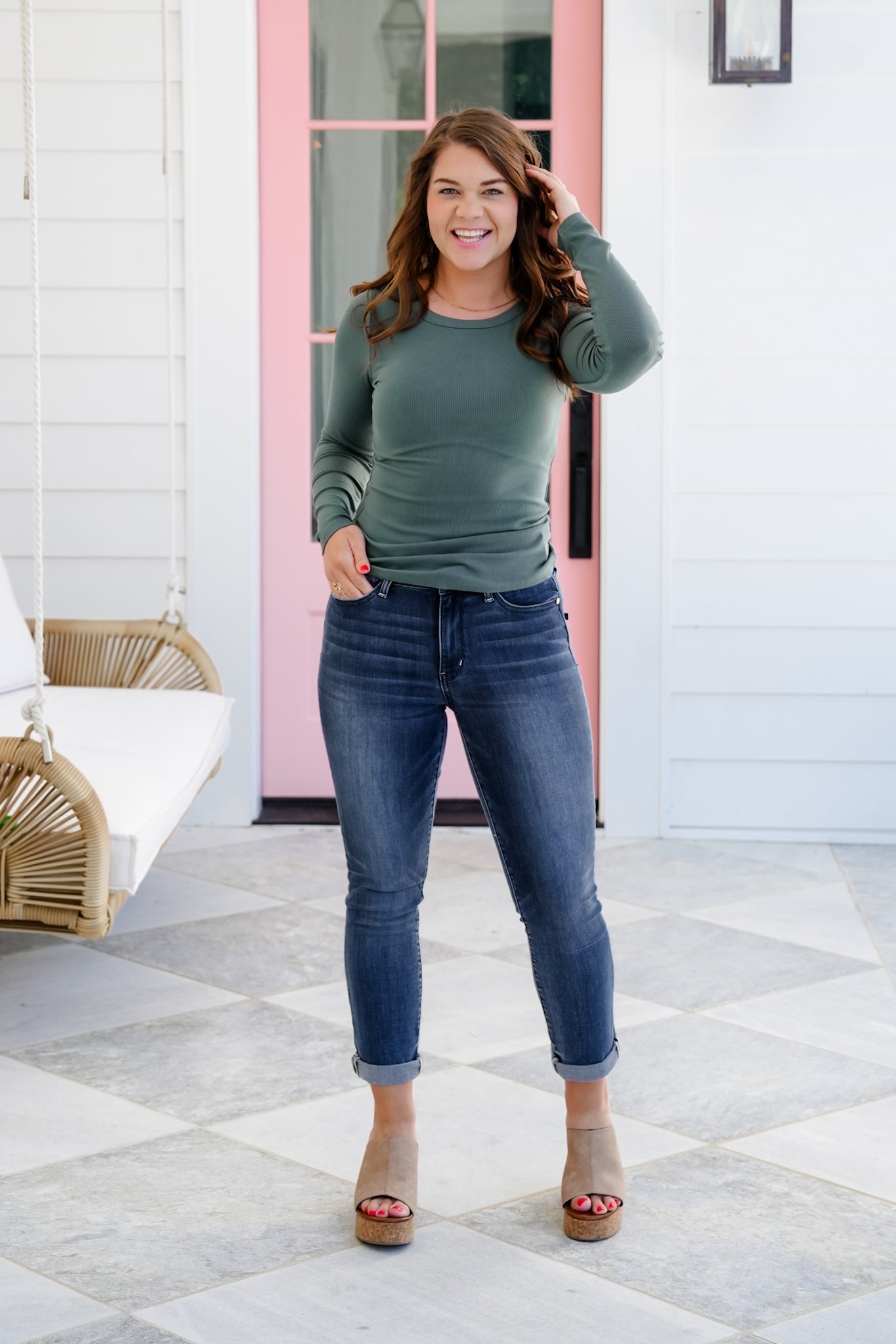 Solid Long Sleeve Round Neck Ribbed Knit Top