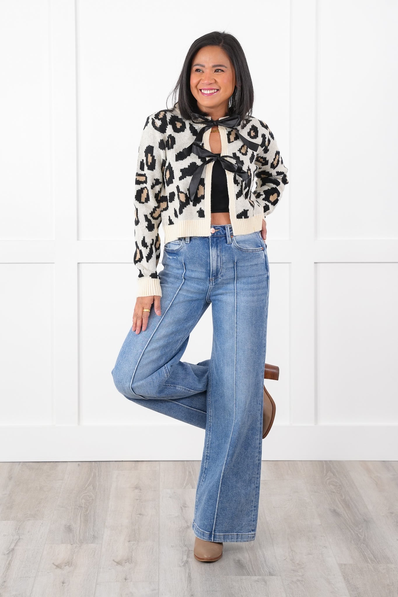 Risen High Rise Medium Wash Pintuck Detailed Wide Leg Jeans