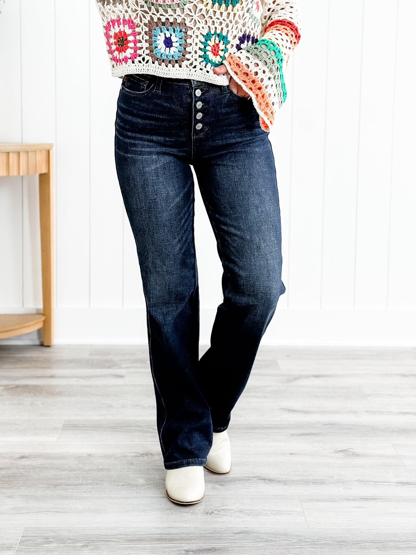 Judy Blue Work Can Wait High Rise Dark Wash Button Fly Straight Leg Jeans