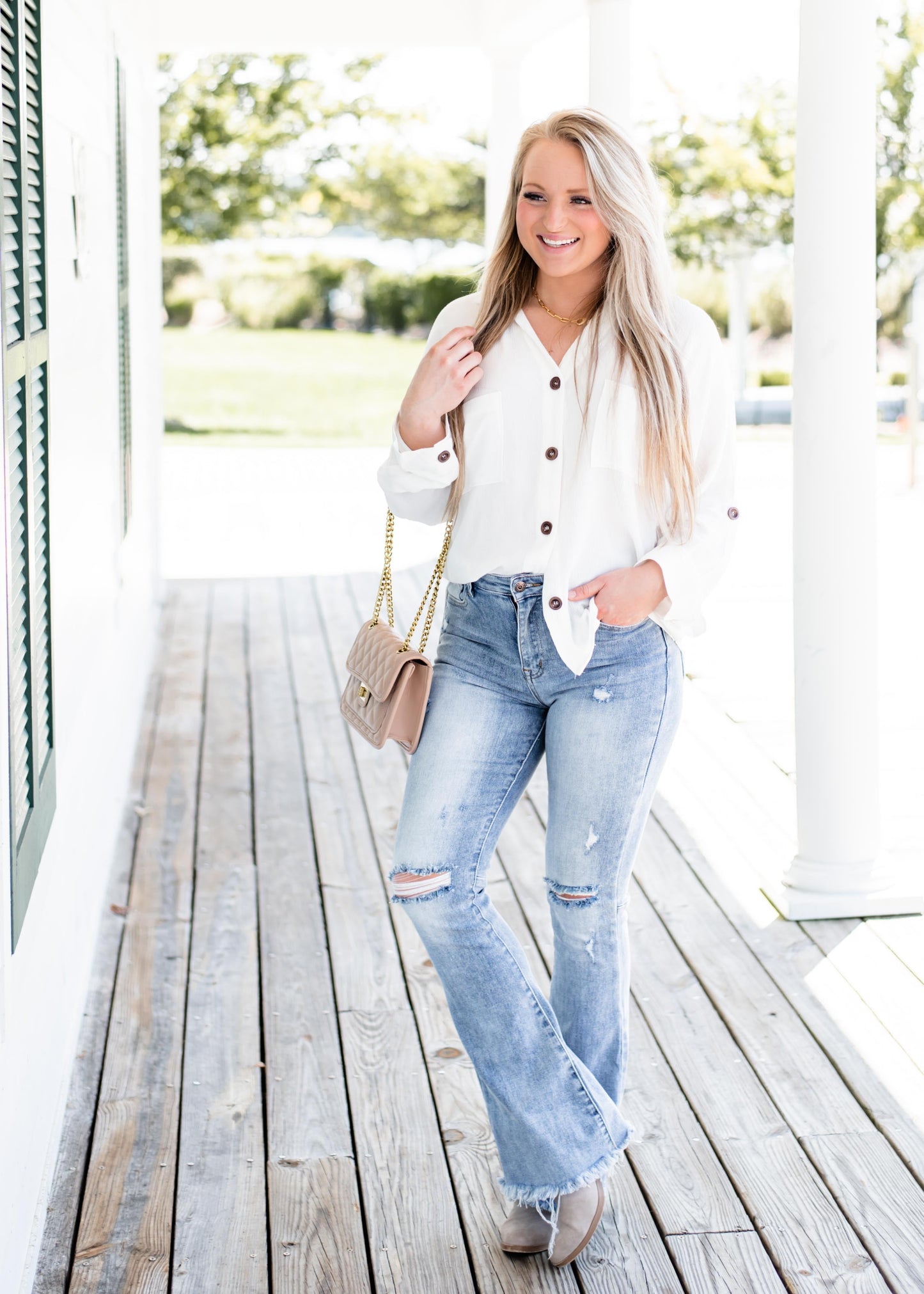 Risen With the Band High Rise Light Wash Distressed Flare Jeans