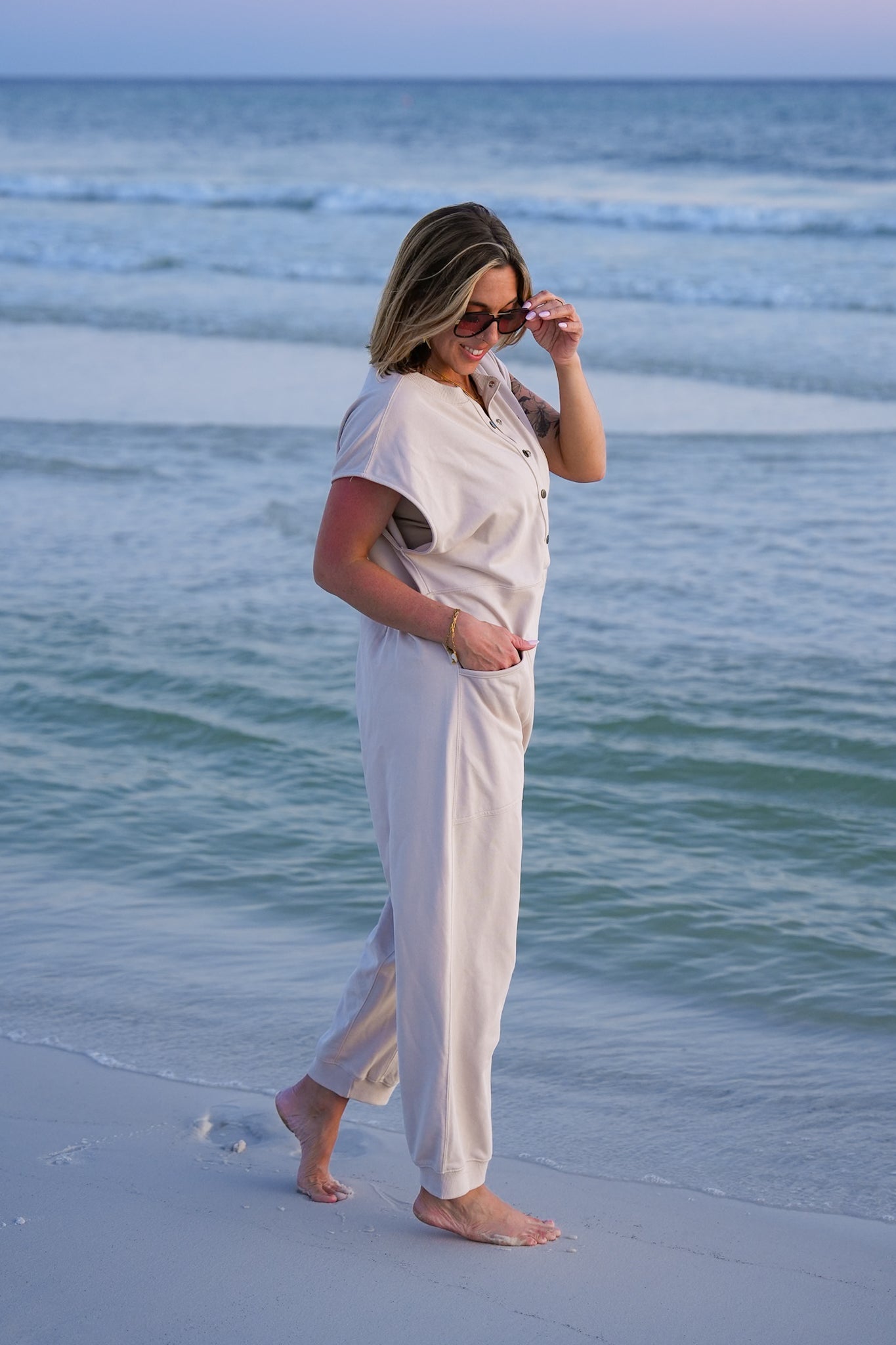 Plus/Reg Taupe Short Sleeve Button Up Knit Jumpsuit with Front Pockets
