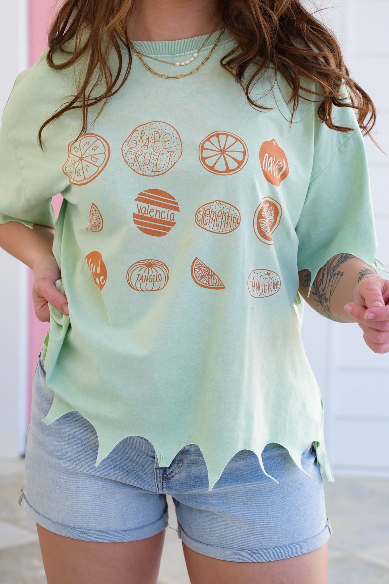 Short Sleeve Citrus Print Graphic Tee with Laser Cut Detail