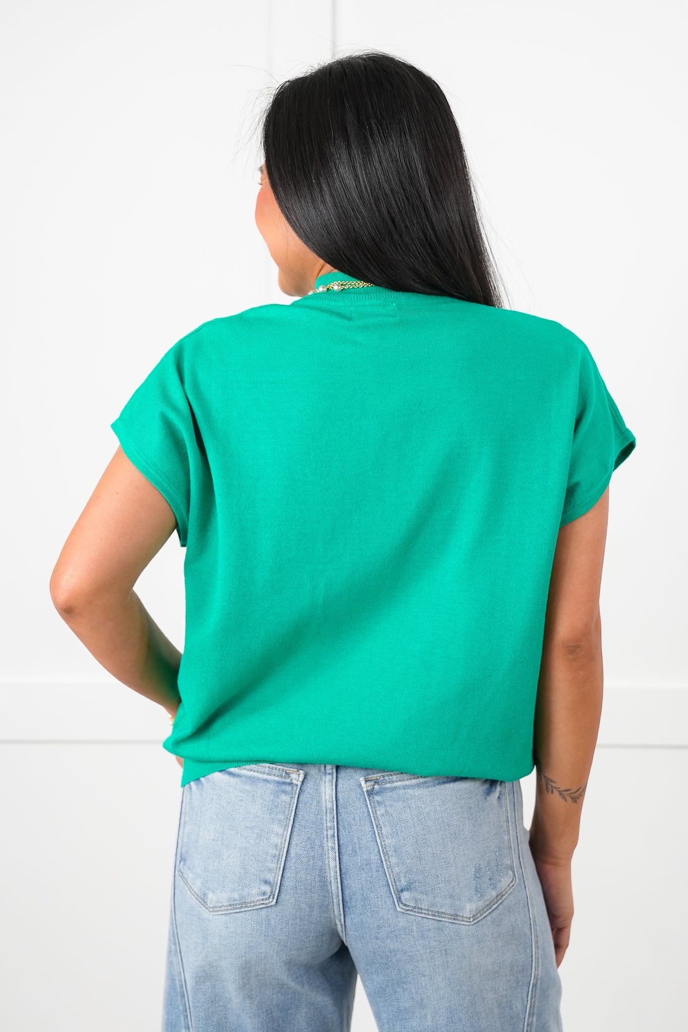 Short Sleeve Mock Neck Sweater with Heart Detail