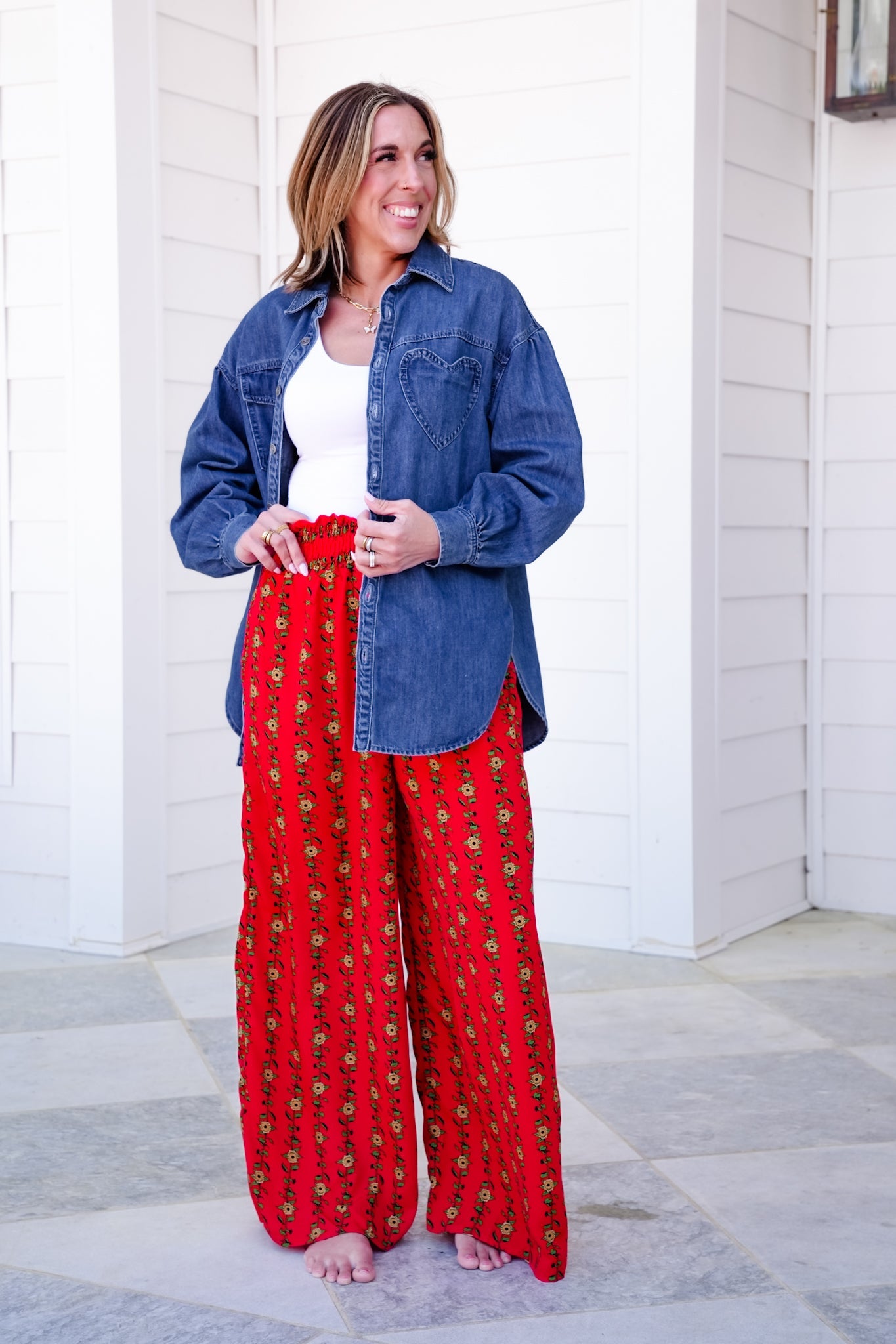 Plus/Reg Floral Print High Waist Wide Leg Pants with Side Pockets