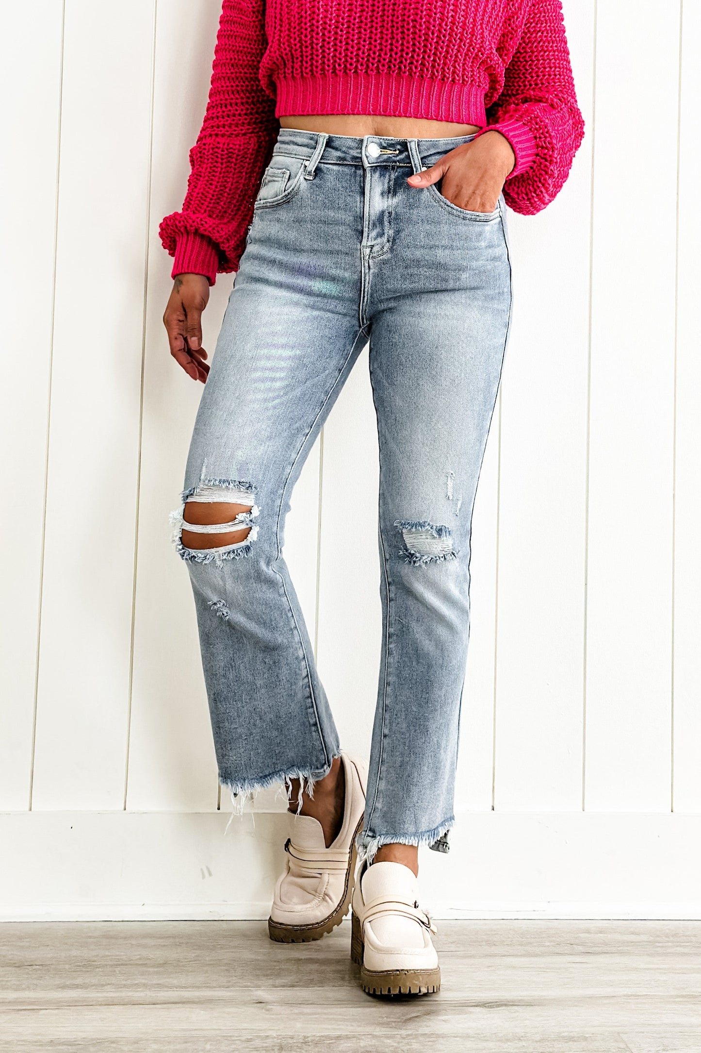 Risen Stella Babe High Rise Light Wash Cropped Distressed Flare Jeans
