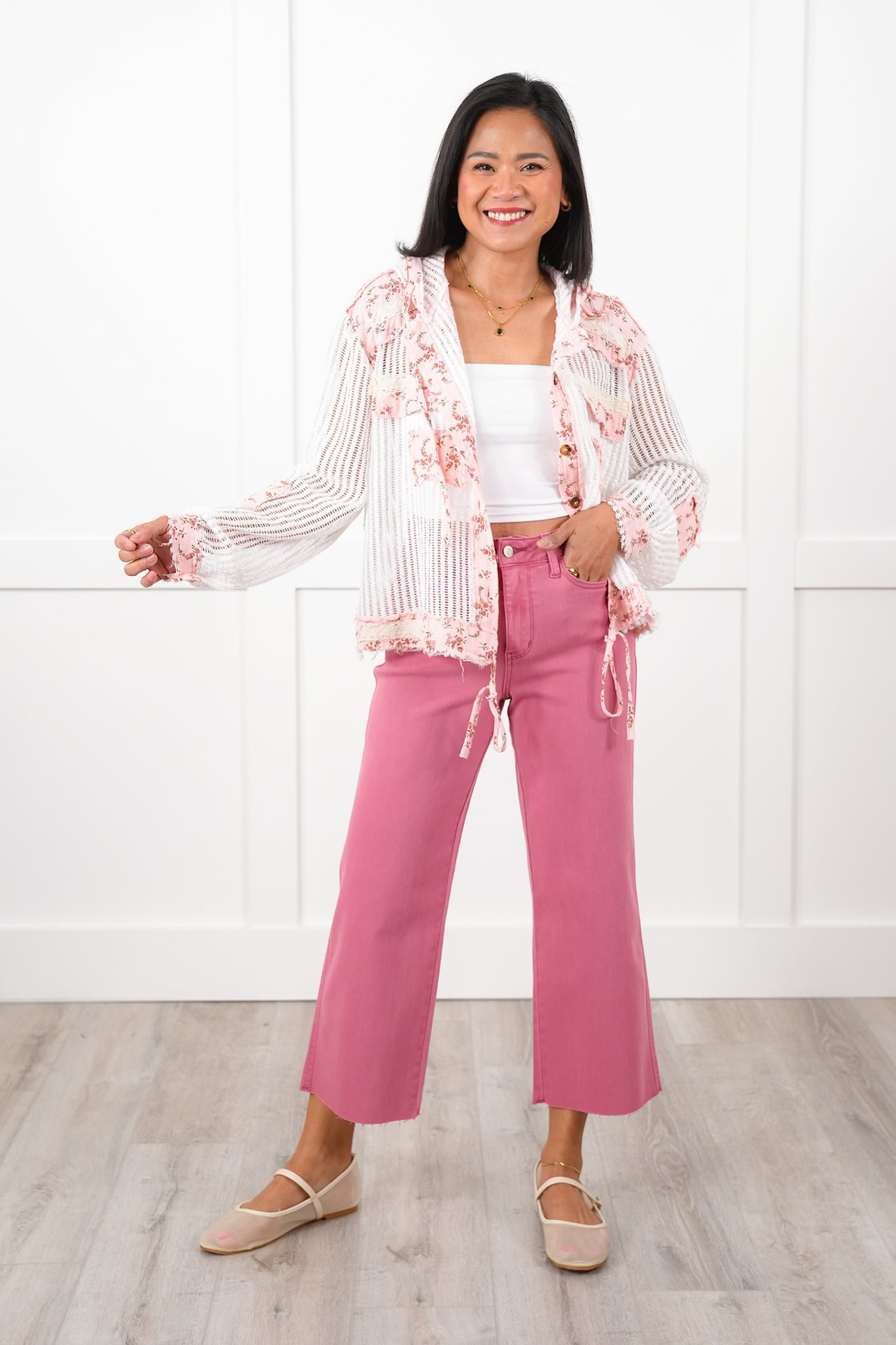 POL Crochet Long Sleeve Button Down Hooded Jacket with Floral Detail