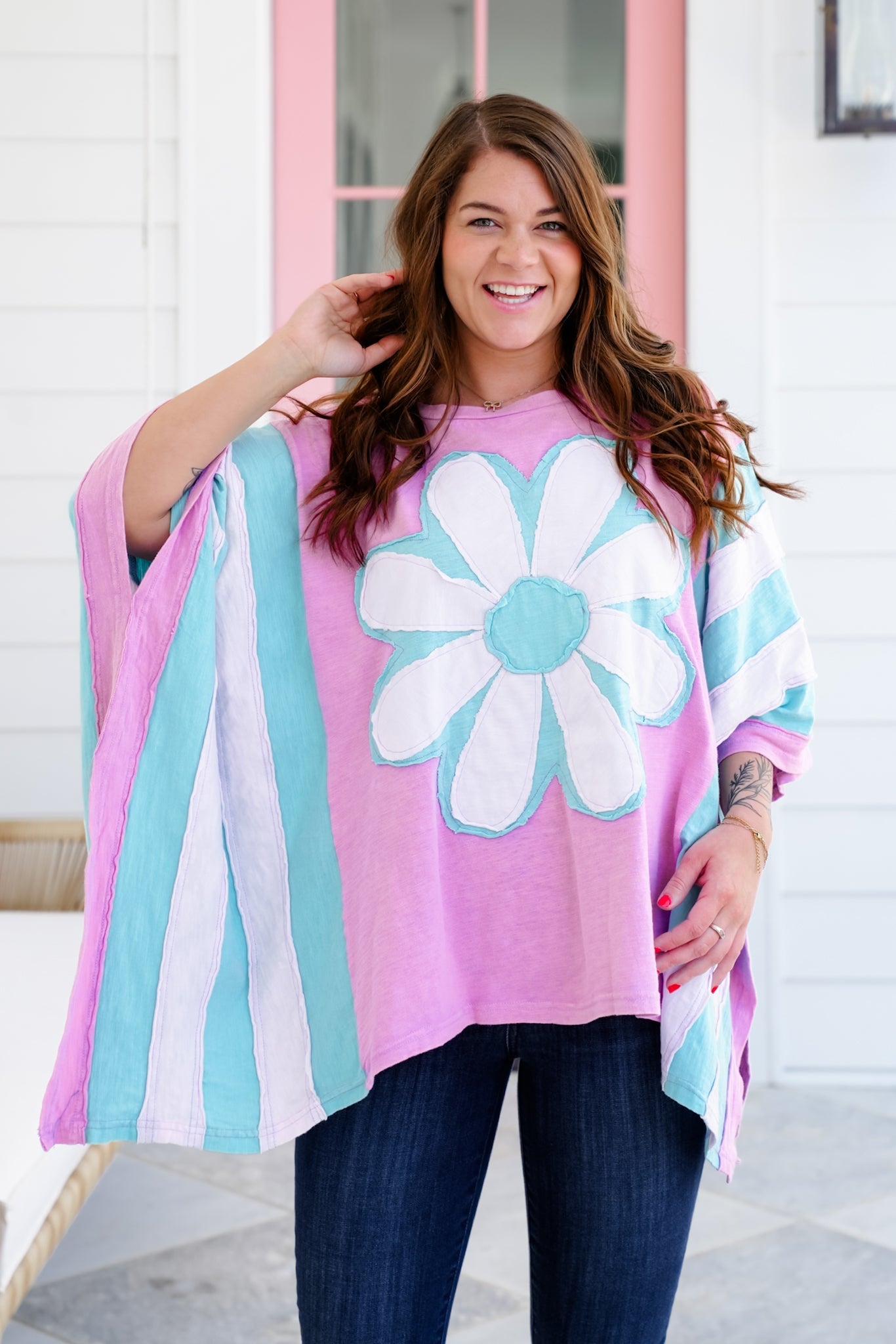 Color Block Flower Patch Long Sleeve Poncho Top