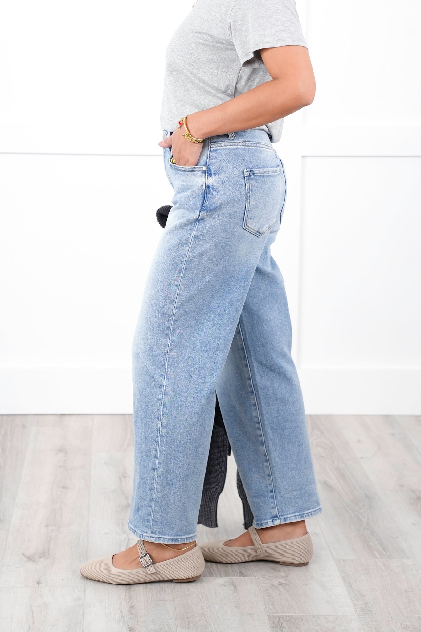 Risen High Rise Light Wash Ankle Barrel Jeans with Cuff