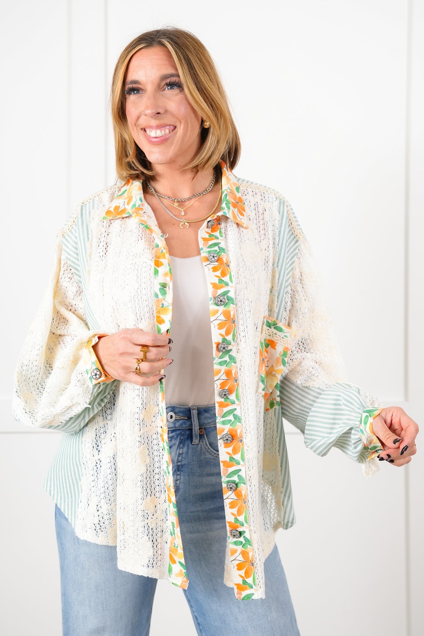 POL Stripe Long Sleeve Button Down Shacket with Floral and Lace Detail - New Colors!