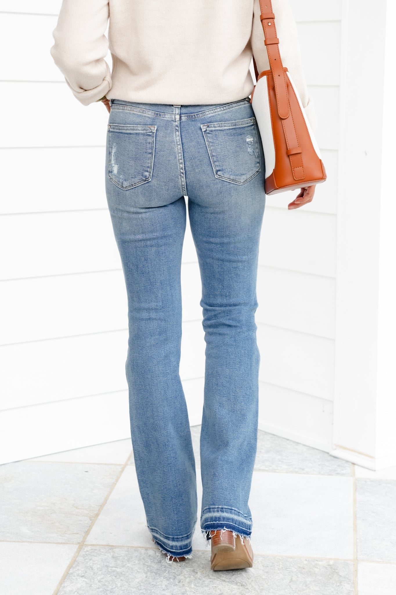 Restock Judy Blue Mid Rise Medium Wash Distressed Released Hem Bootcut Jeans
