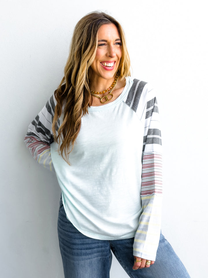 Knit Long Sleeve Round Neck Top with Stripes