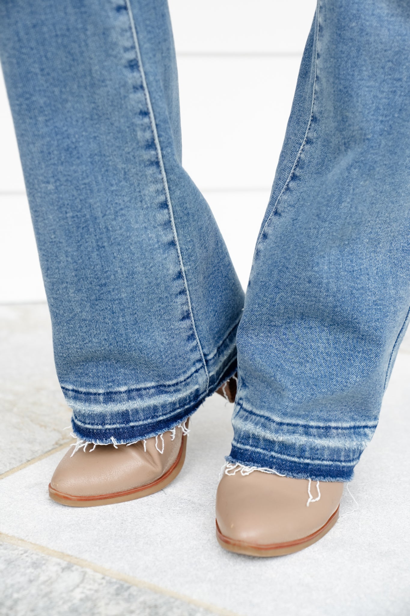 Restock Judy Blue Mid Rise Medium Wash Distressed Released Hem Bootcut Jeans
