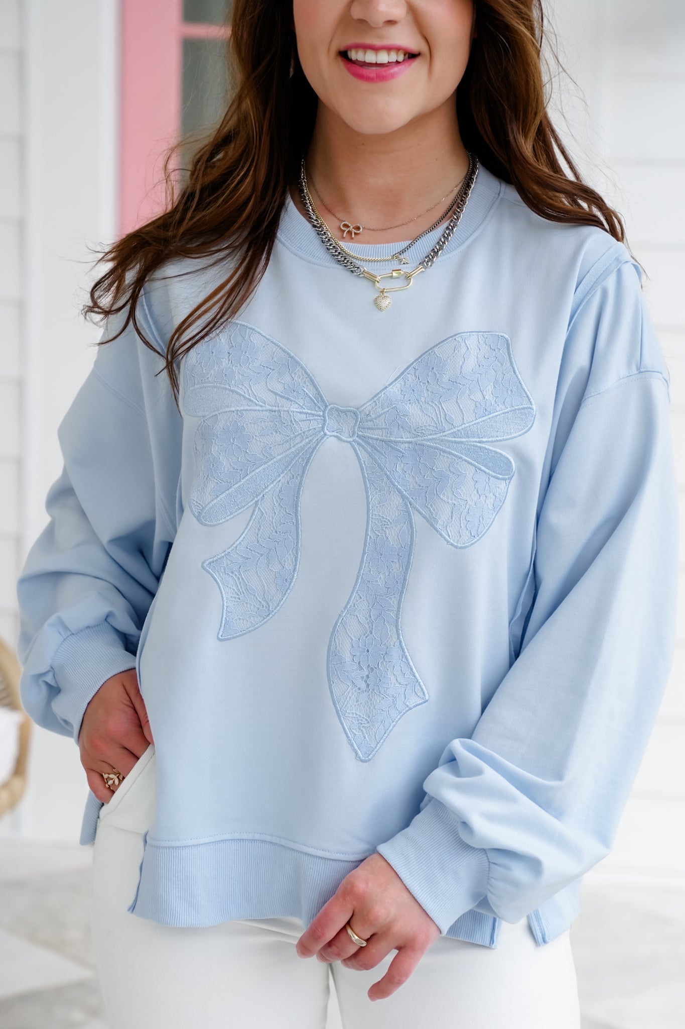 Long Sleeve Pullover Sweatshirt with Lace Bow Detail