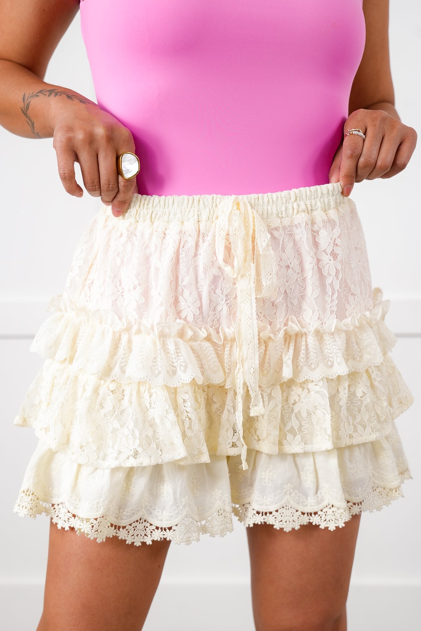 Lace Elastic Waist Tiered Shorts with Ruffle Detail