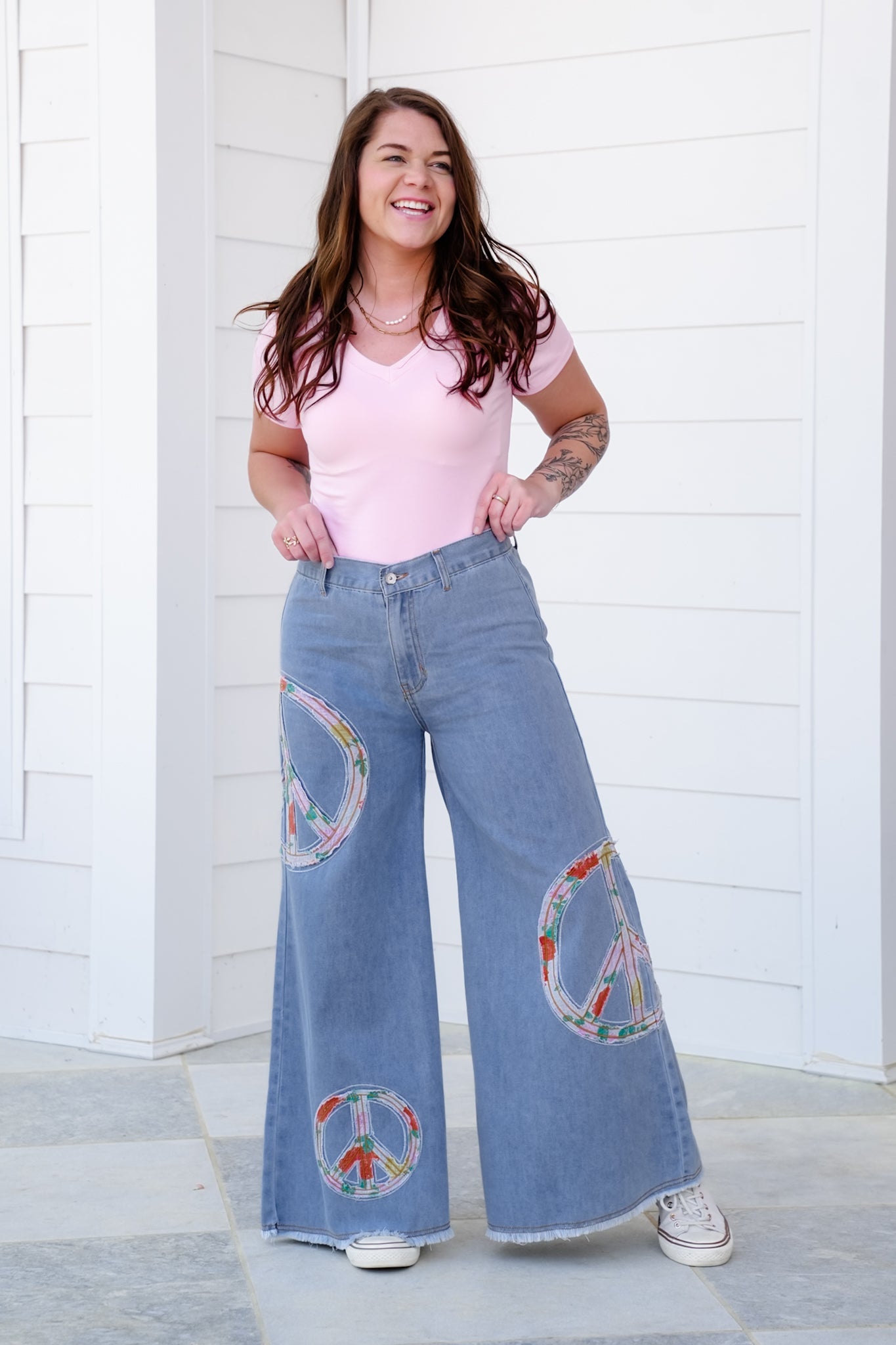 POL Vintage Wash Denim Wide Leg Pants with Peace Sign Patch Detail