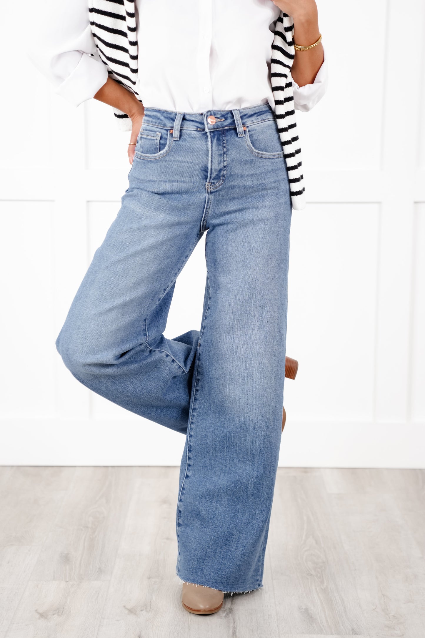 Risen High Rise Medium Wash Tummy Control Cuffed Wide Leg Jeans