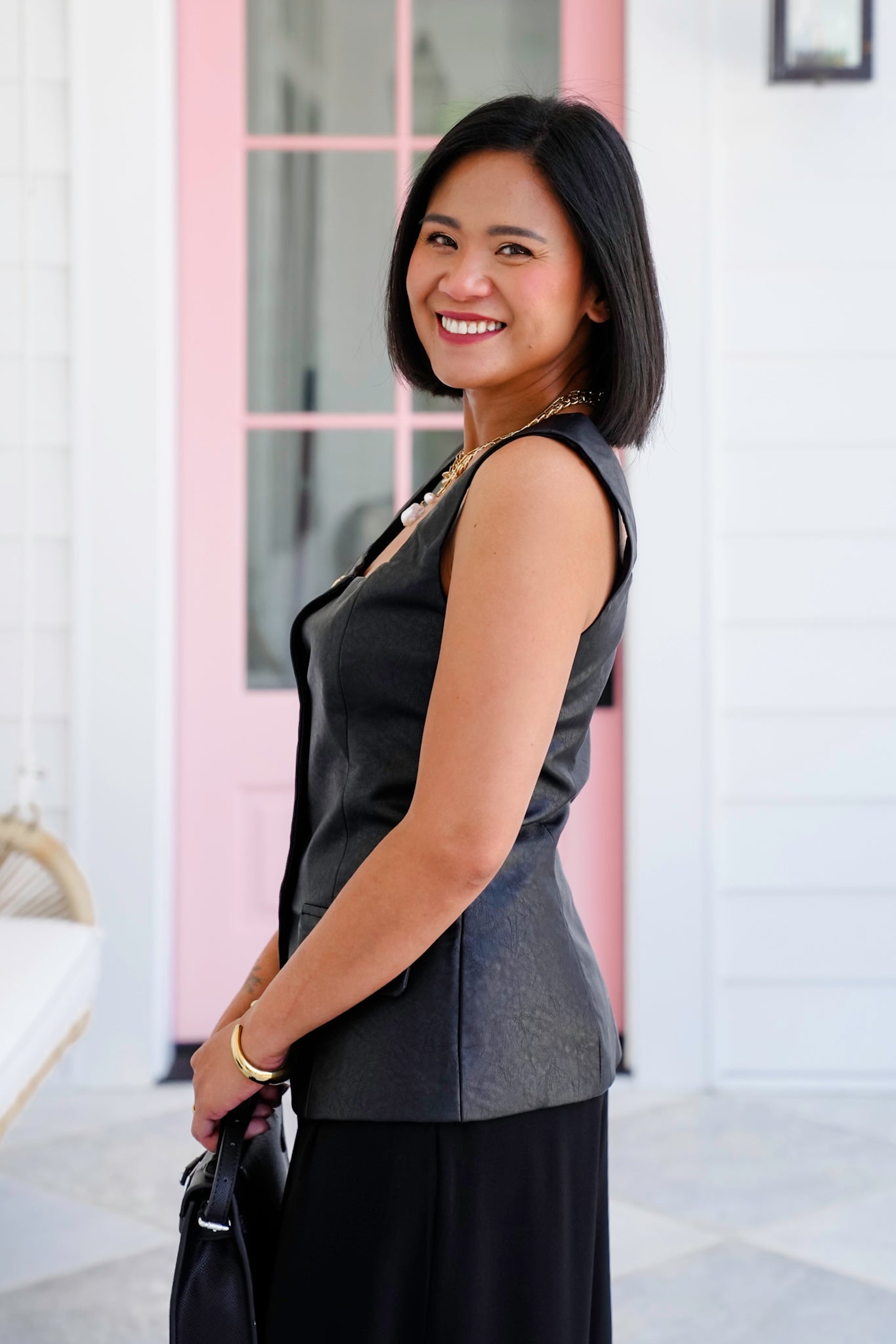 Black Vegan Leather Square Neck Button Down Vest