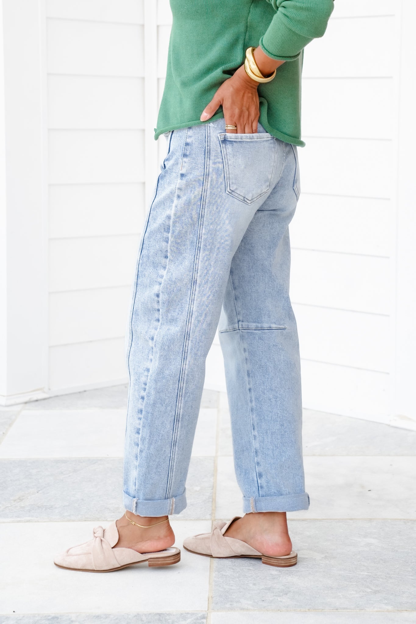 Risen High Rise Light Wash Boyfriend Cuffed Barrel Jeans