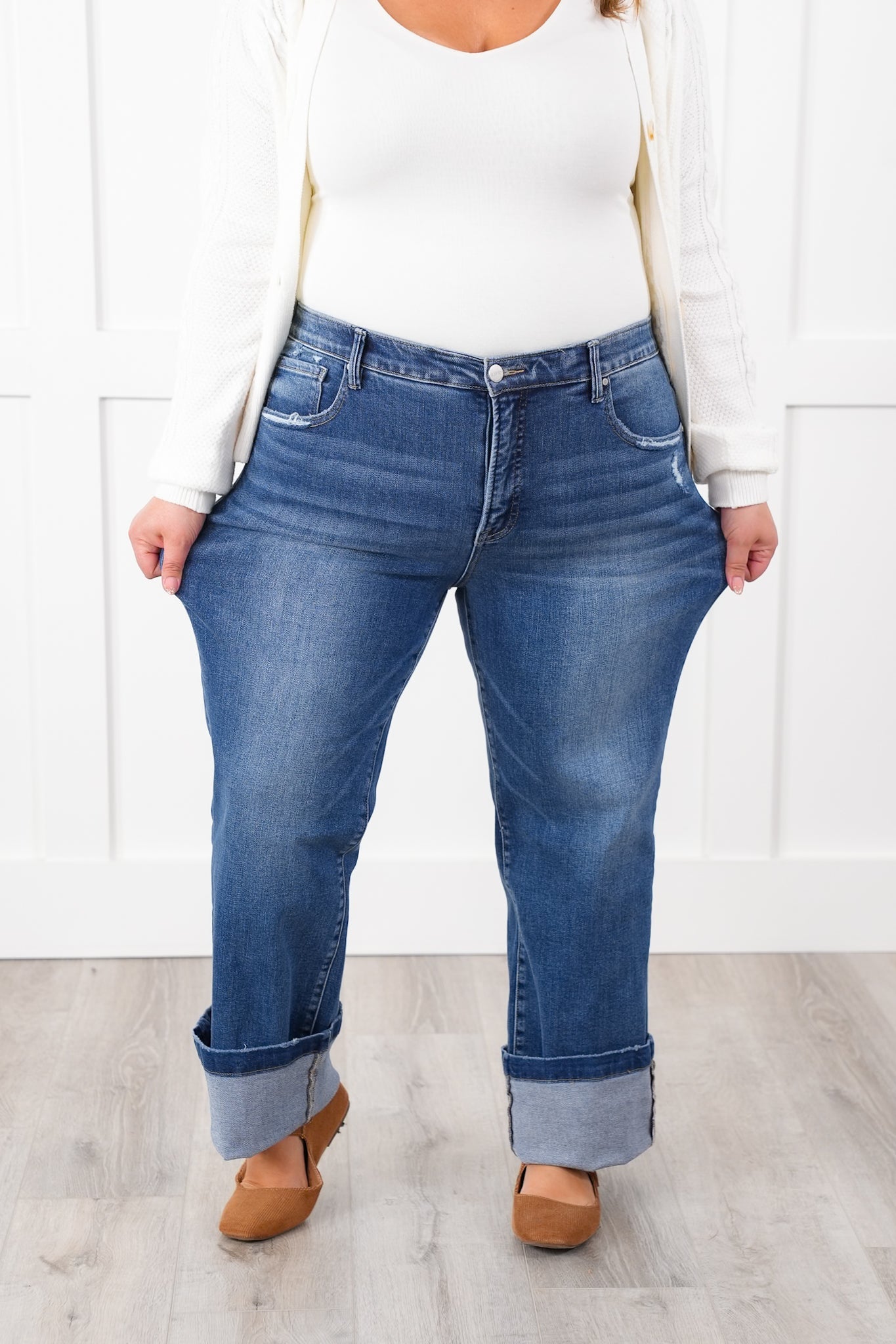 Risen Mid Rise Medium Wash Tummy Control Elastic Waistband Straight Leg Jeans