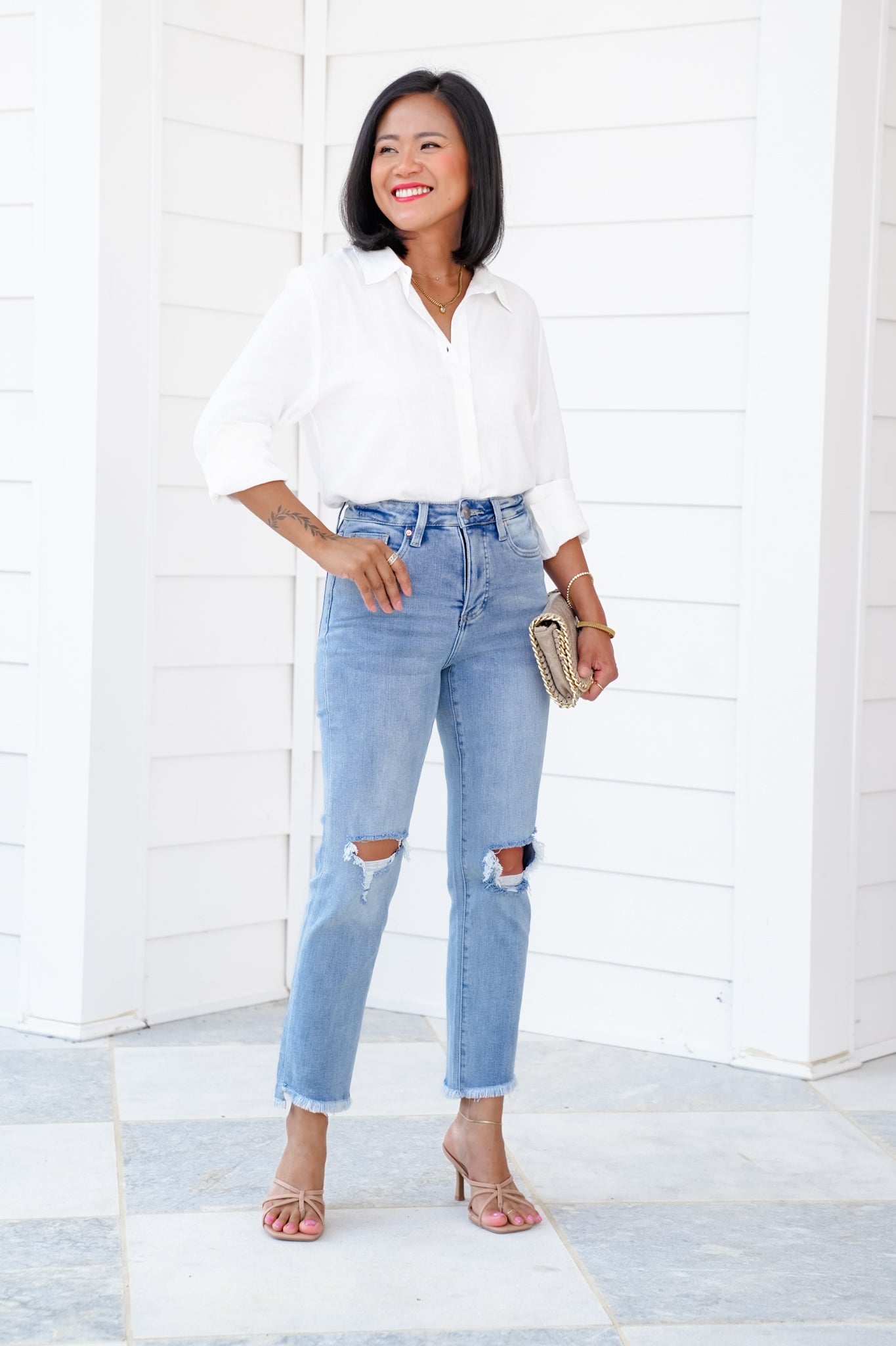 RFM High Rise Light Wash Step Fray Hem Slim Straight Leg Jeans
