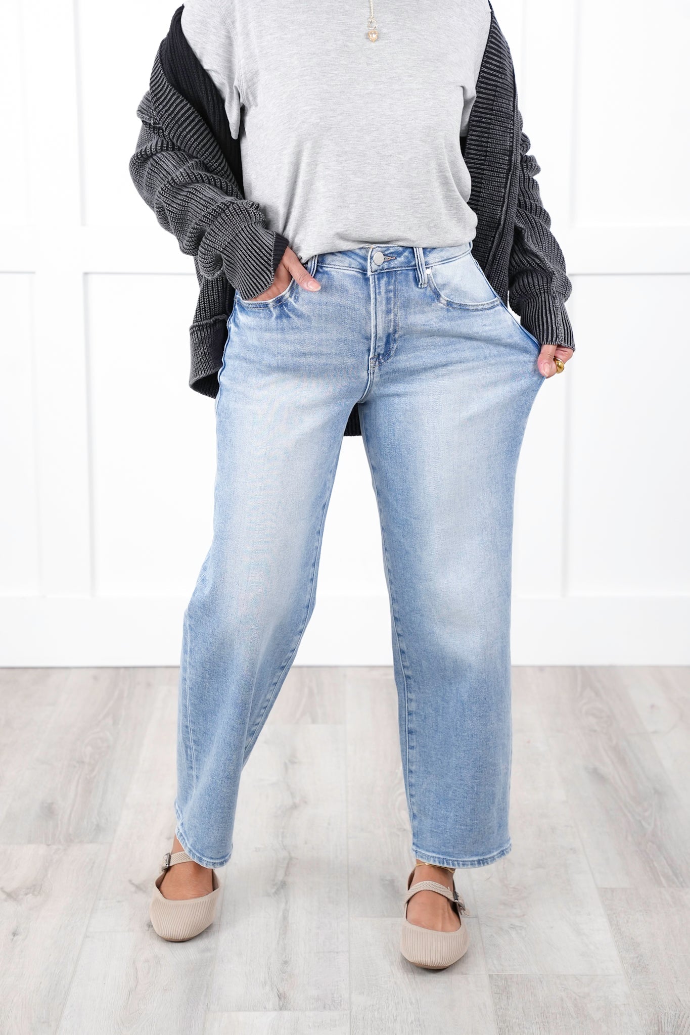 Risen High Rise Light Wash Ankle Barrel Jeans with Cuff